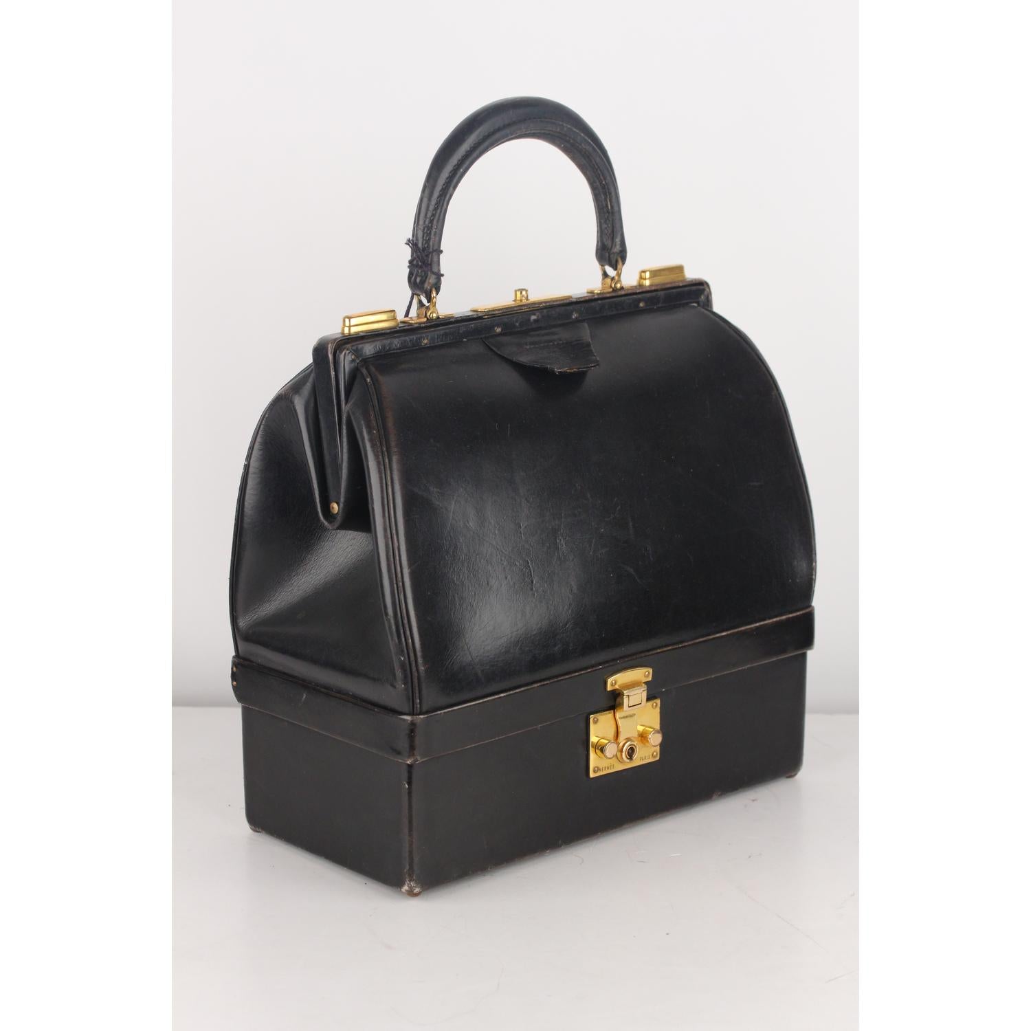 Women's Hermes Vintage Black Leather Sac Mallette Top Handle Bag