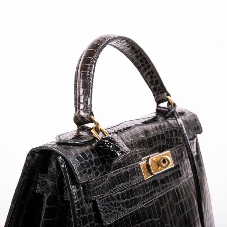 Hermes Vintage Black Porosus Crocodile Kelly 28 Bag For Sale at 1stdibs