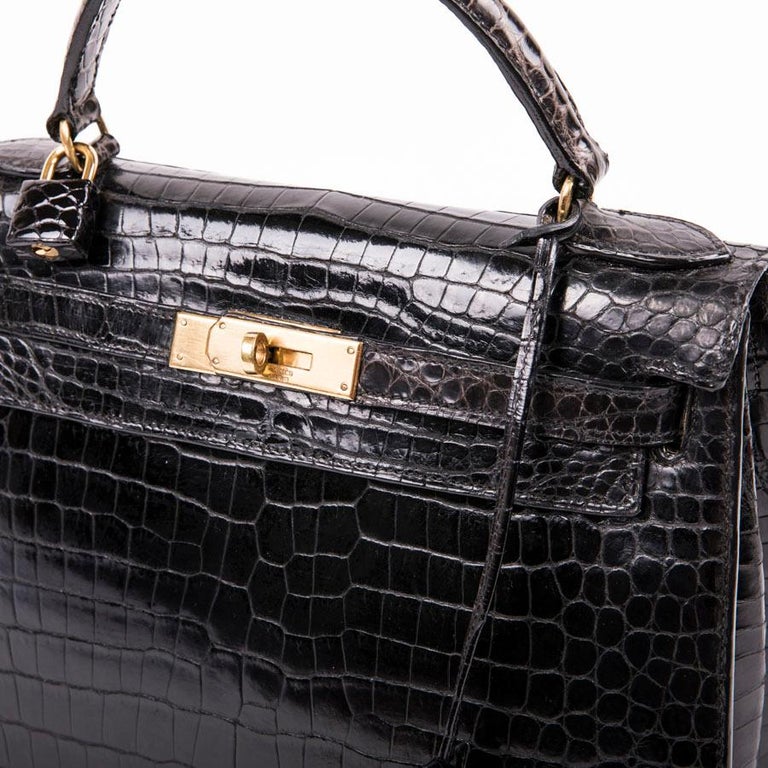 Hermes Vintage Black Porosus Crocodile Kelly 28 Bag For Sale at 1stdibs