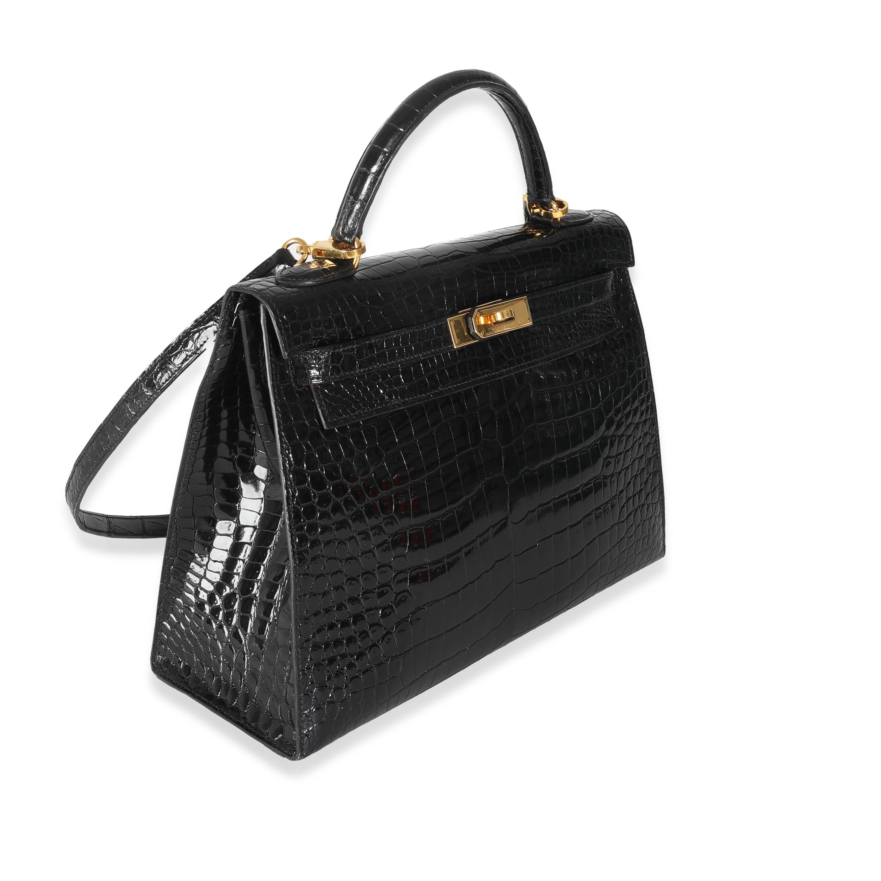 Hermès Vintage Black Porosus Crocodile Sellier Kelly 32 GHW In Excellent Condition In New York, NY