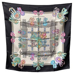 Hermes Vintage Black Silk Scarf 1988 Les Rubans du Cheval Metz