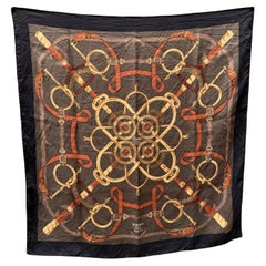 Hermes Retro Black Silk Scarf Eperon D'Or 1974 Henry D'Origny