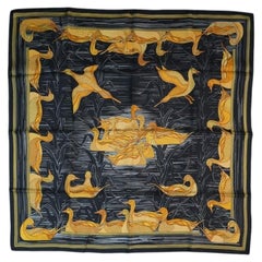 Hermes Vintage Black Silk Scarf La Mare Aux Canard 1981 Duchesne