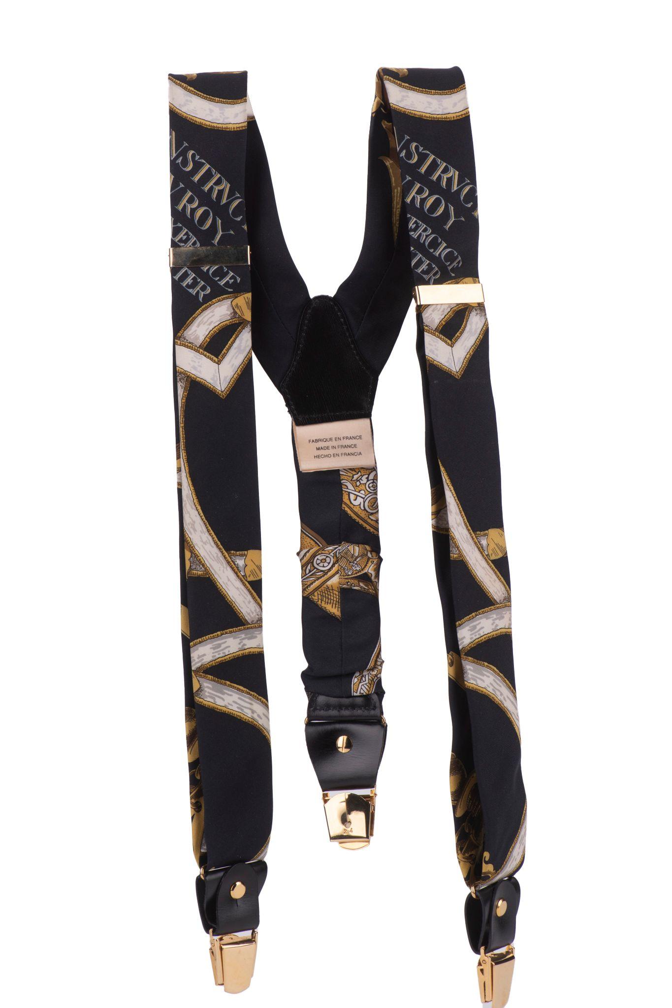 Hermès rare and collectible vintage black and gold silk suspenders. Adjustable length, can fit multiple sizes.
Come with original box.
