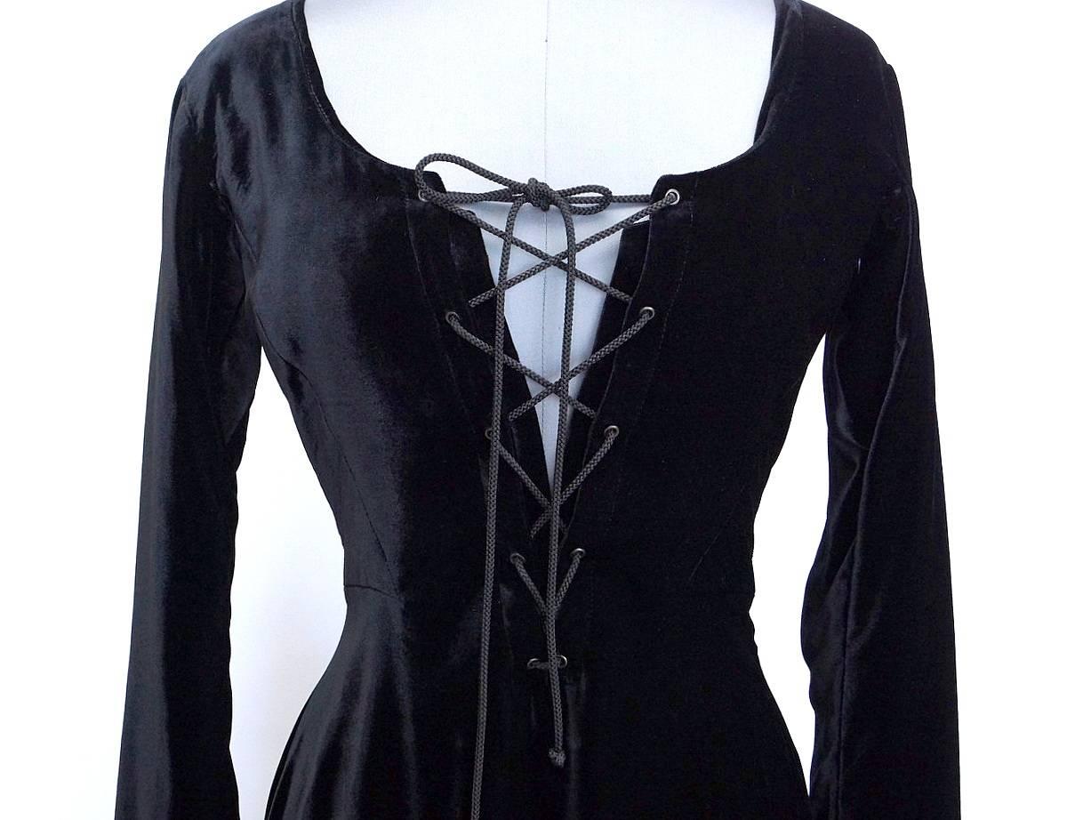 Hermes Vintage Black Velvet Dress Plunging V English Riding Influence 4 to 6 In Good Condition In Miami, FL