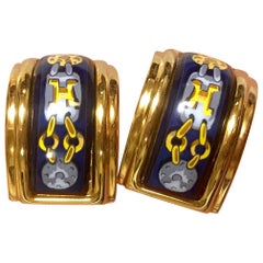 Hermes Vintage blue and yellow cloisonne and gold earrings with H logo, 1990s