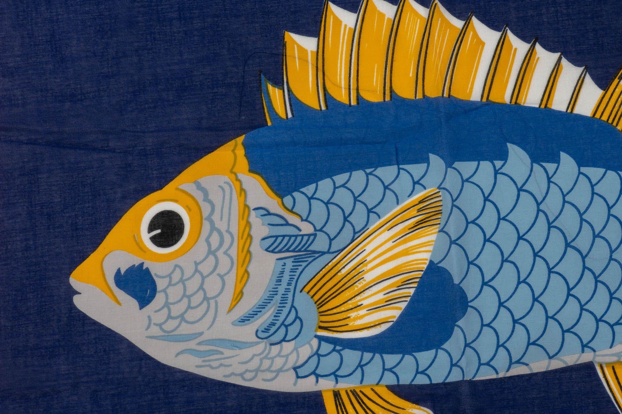 Hermès Vintage Blue Fish Cotton Sarong In Good Condition For Sale In West Hollywood, CA
