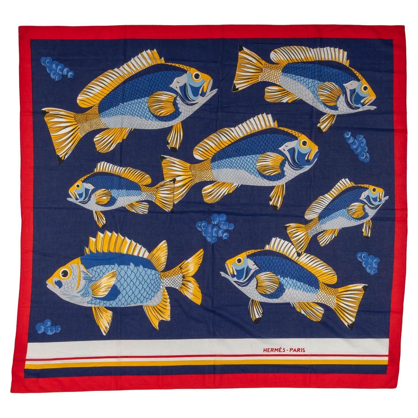 Hermès Vintage Blue Fish Cotton Sarong For Sale