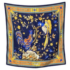 Hermes Vintage Blue Silk Chanteclair II Rare Scarf 1974 Maurice Tranchant