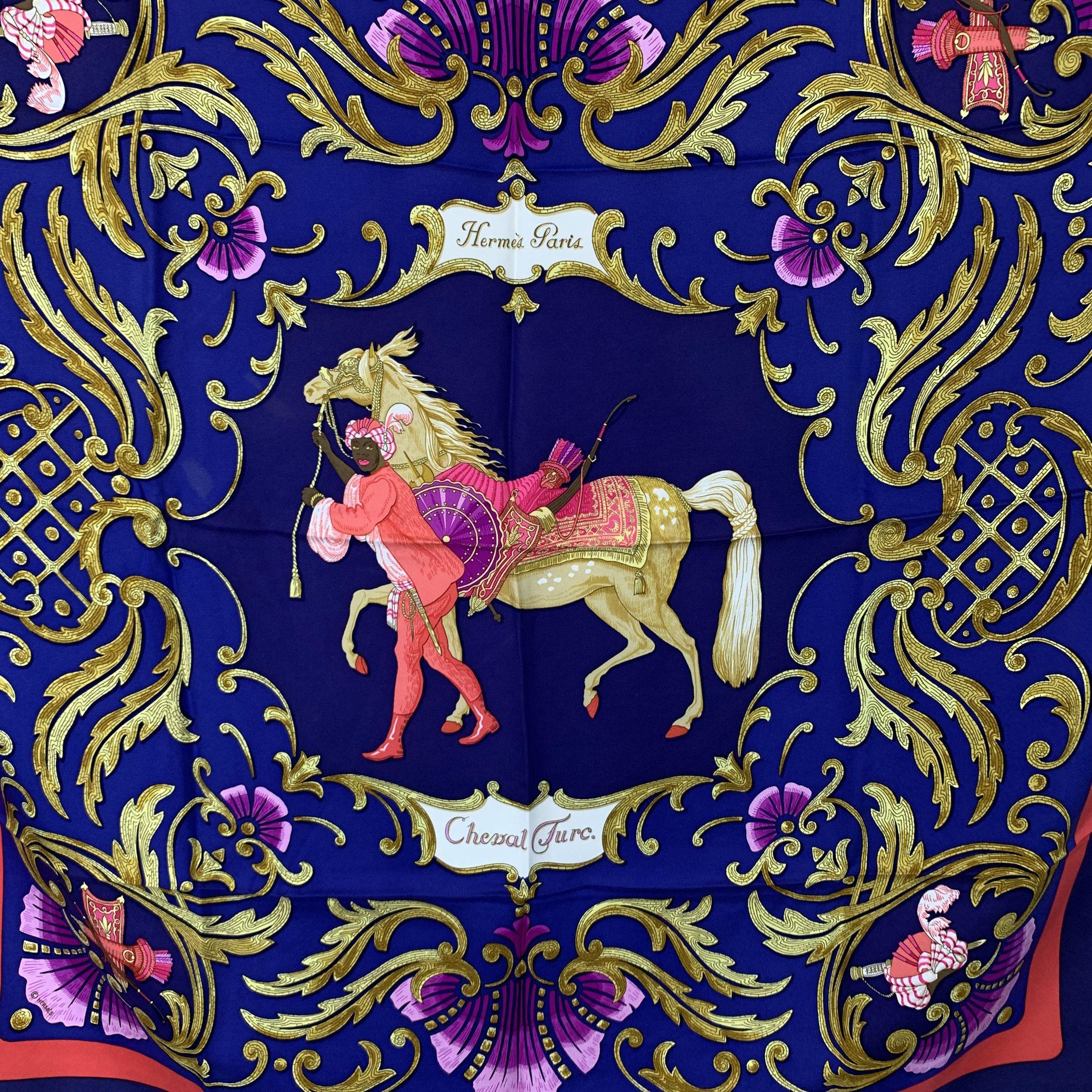 Women's Hermes Vintage Blue Silk Cheval Turc Scarf 1969 Christiane Vauzelles