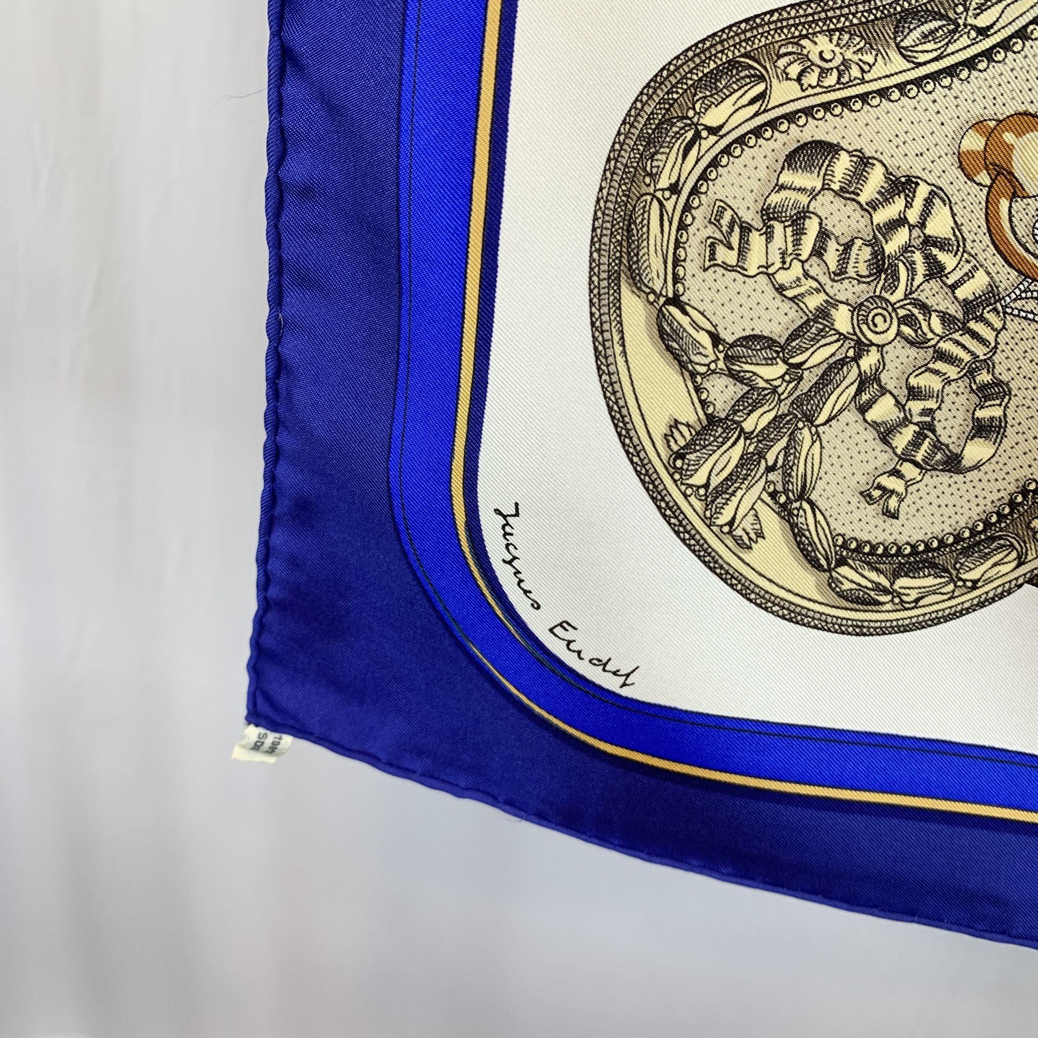 Beige Hermes Vintage Blue Silk Grand Apparat Scarf 1962 Jacques Eudel For Sale