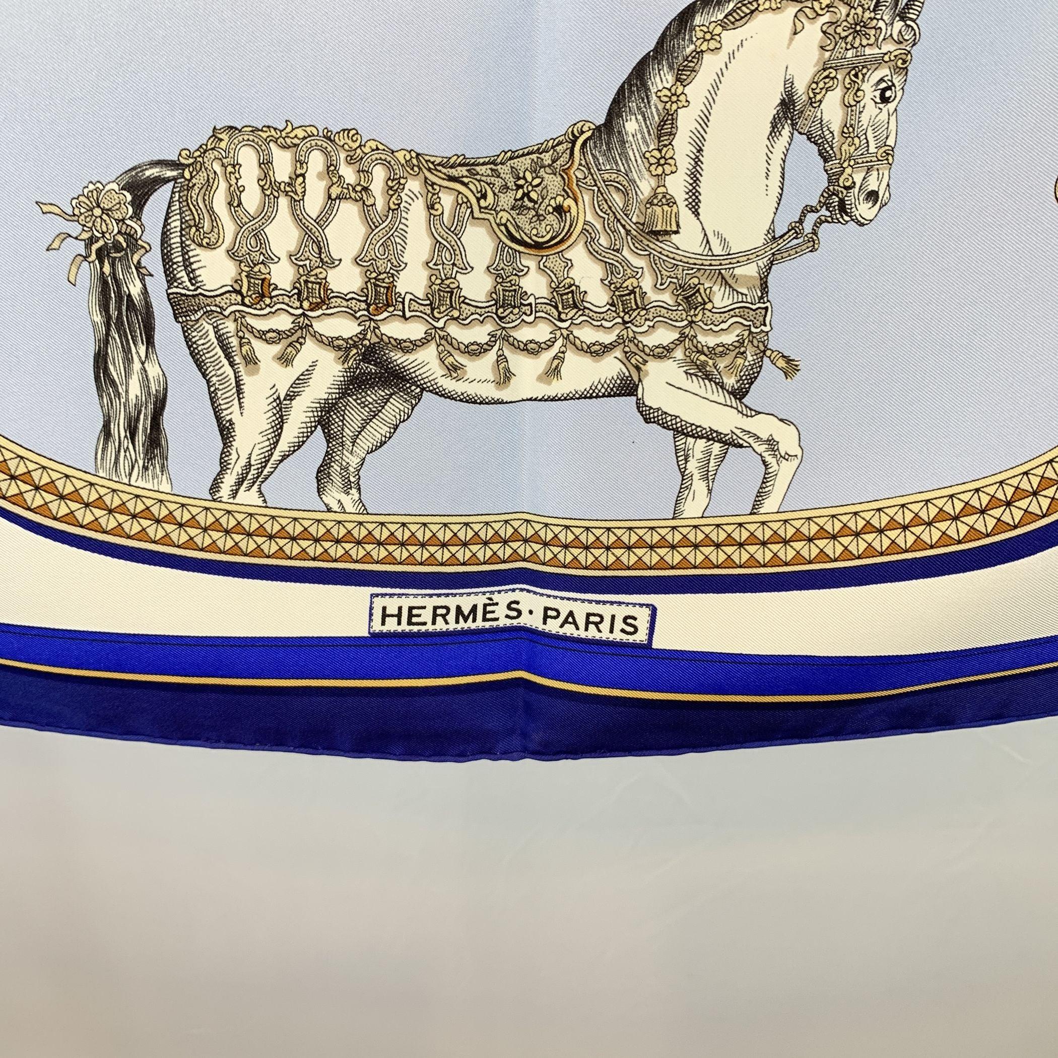 Women's or Men's Hermes Vintage Blue Silk Grand Apparat Scarf 1962 Jacques Eudel For Sale