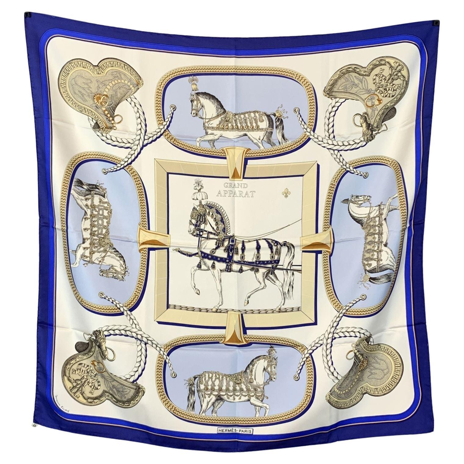 Hermes Vintage Blue Silk Grand Apparat Scarf 1962 Jacques Eudel For Sale