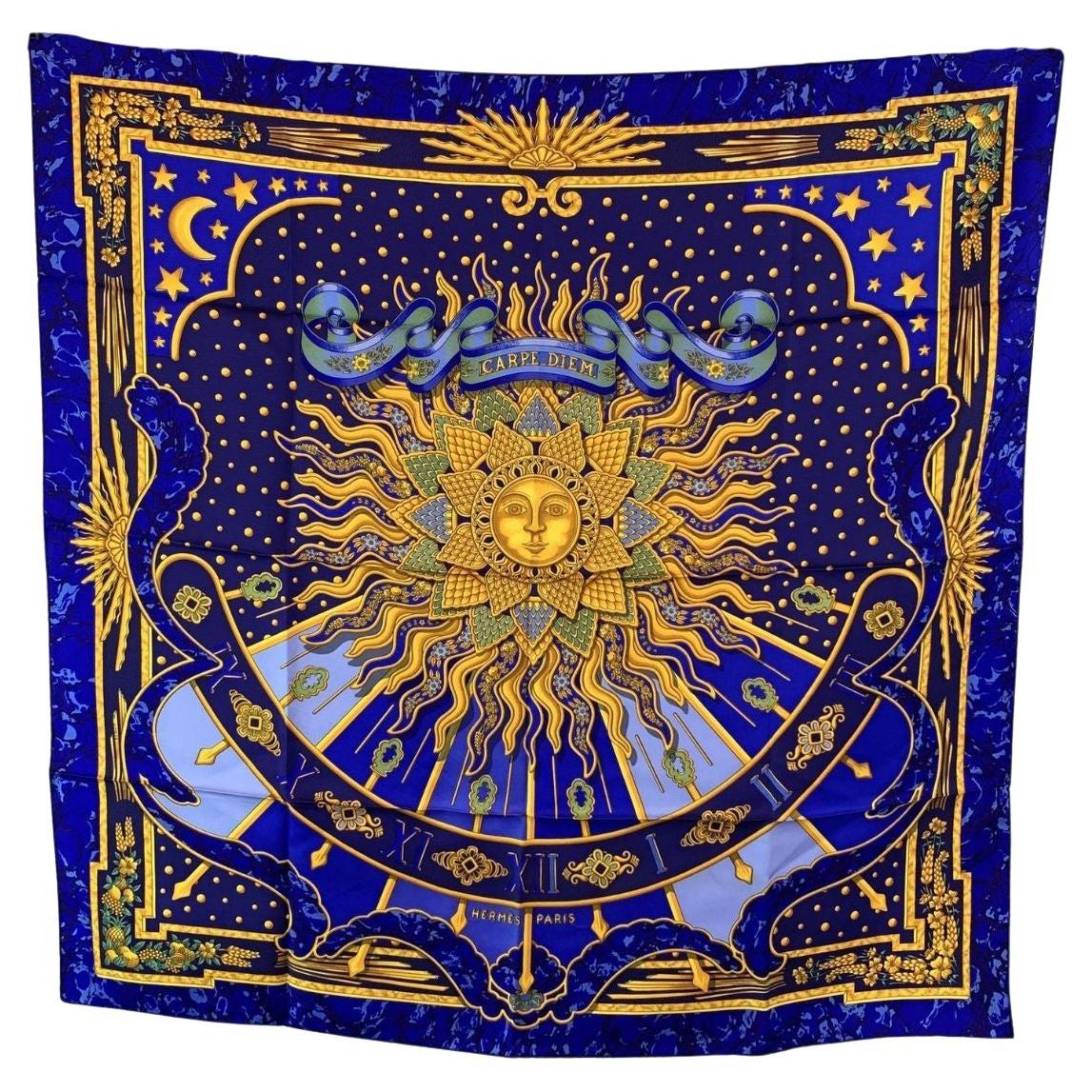 Hermes Vintage Blue Silk Scarf Carpe Diem 1994 Joachim Metz