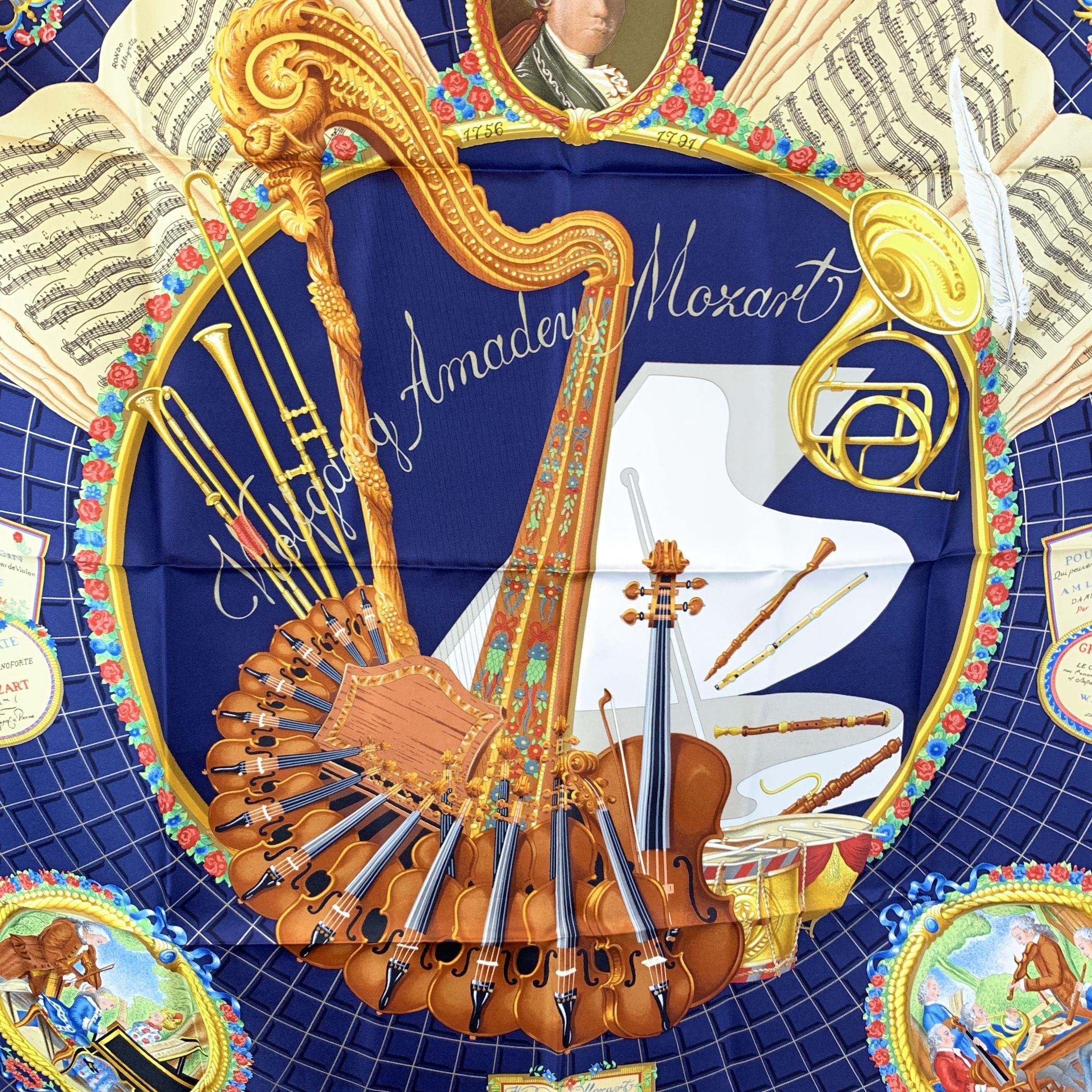 Step into the world of musical genius and vintage luxury with this HERMÈS Vintage Silk Carré Scarf, Hommage à Mozart. Designed by the talented Julie Abadie in 1991, this stunning scarf was created to commemorate the bi-centenary of Mozart's death,