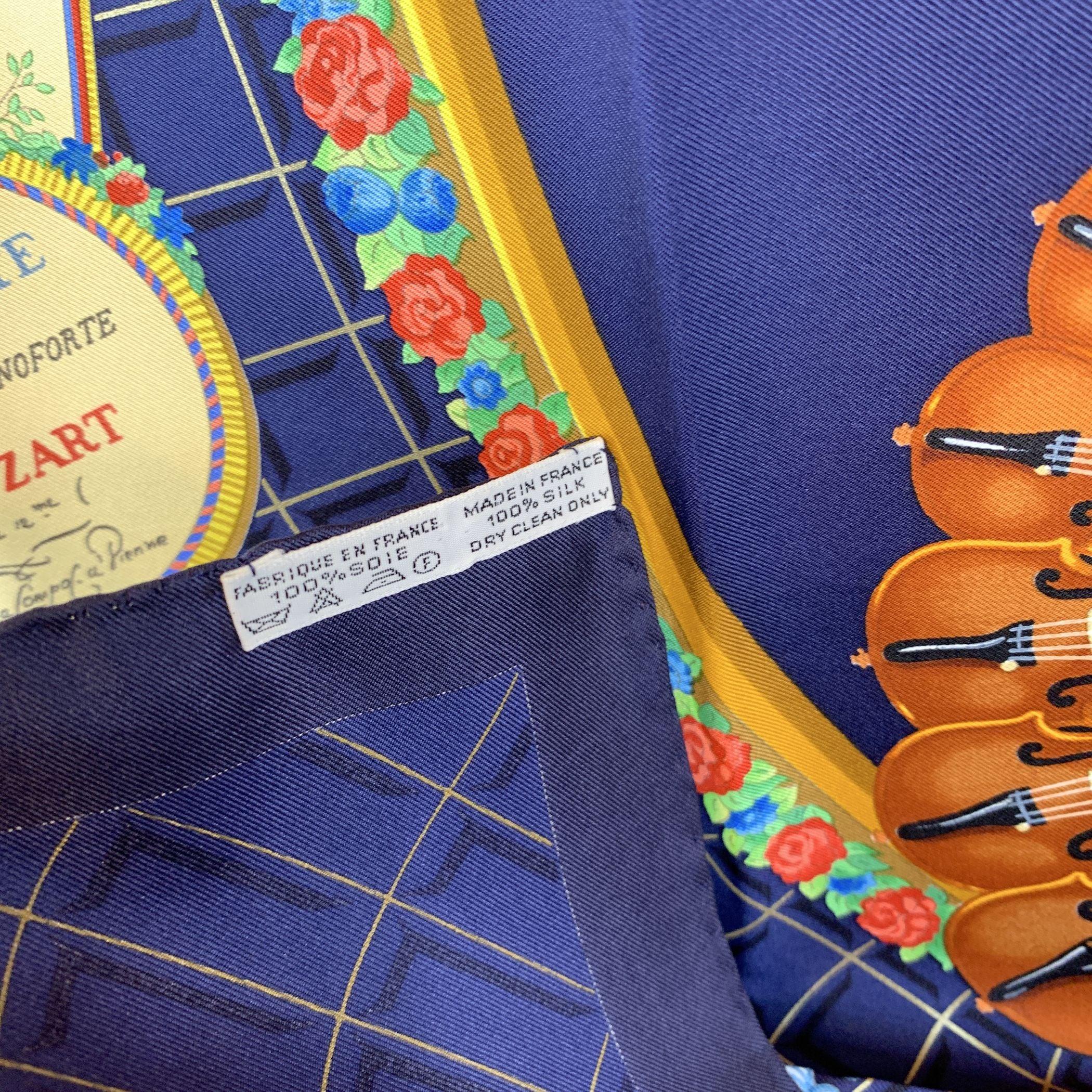 Black Hermes Vintage Blue Silk Scarf Hommage a Mozart 1991 Julie Abadie For Sale