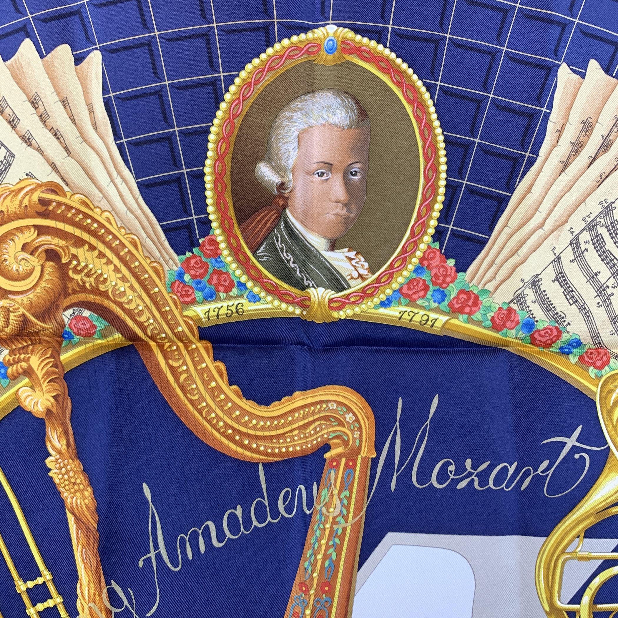 Women's Hermes Vintage Blue Silk Scarf Hommage a Mozart 1991 Julie Abadie For Sale
