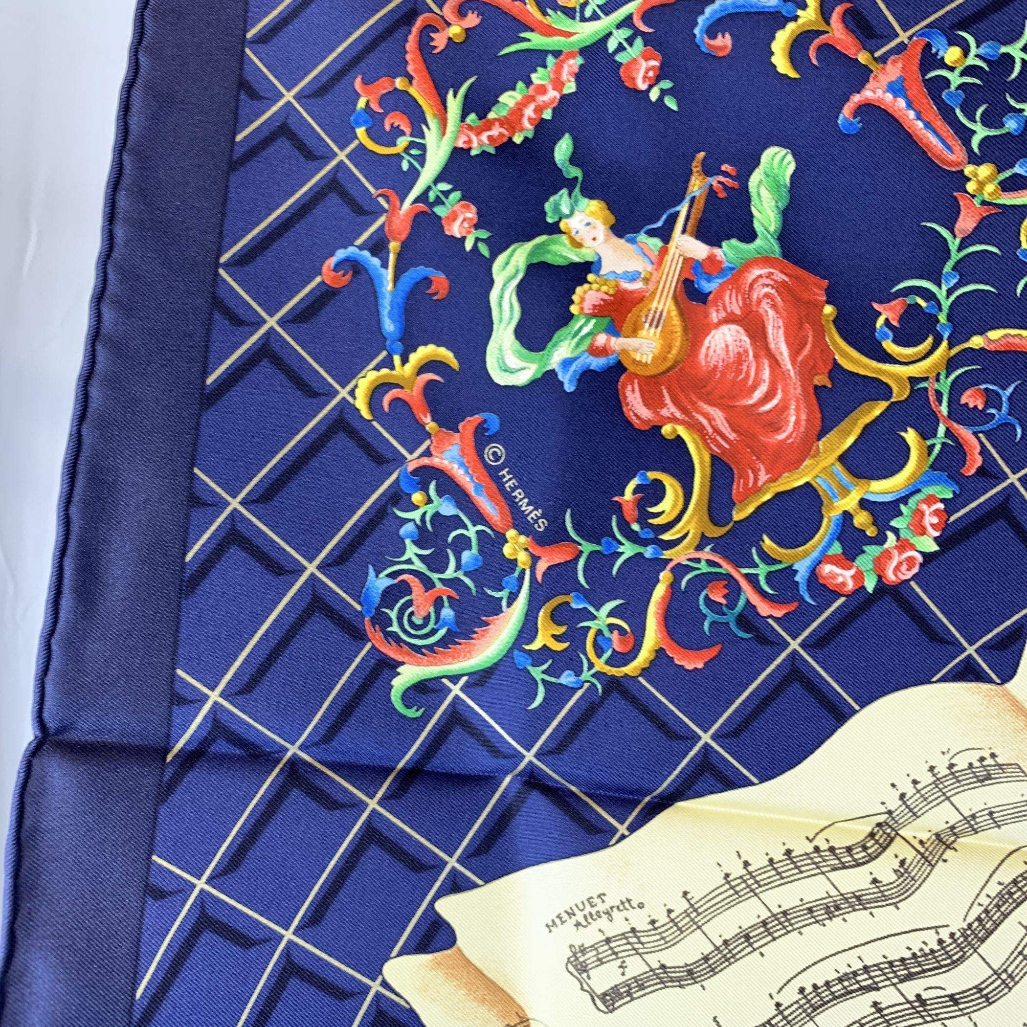 Hermes Vintage Blue Silk Scarf Hommage a Mozart 1991 Julie Abadie For Sale 1