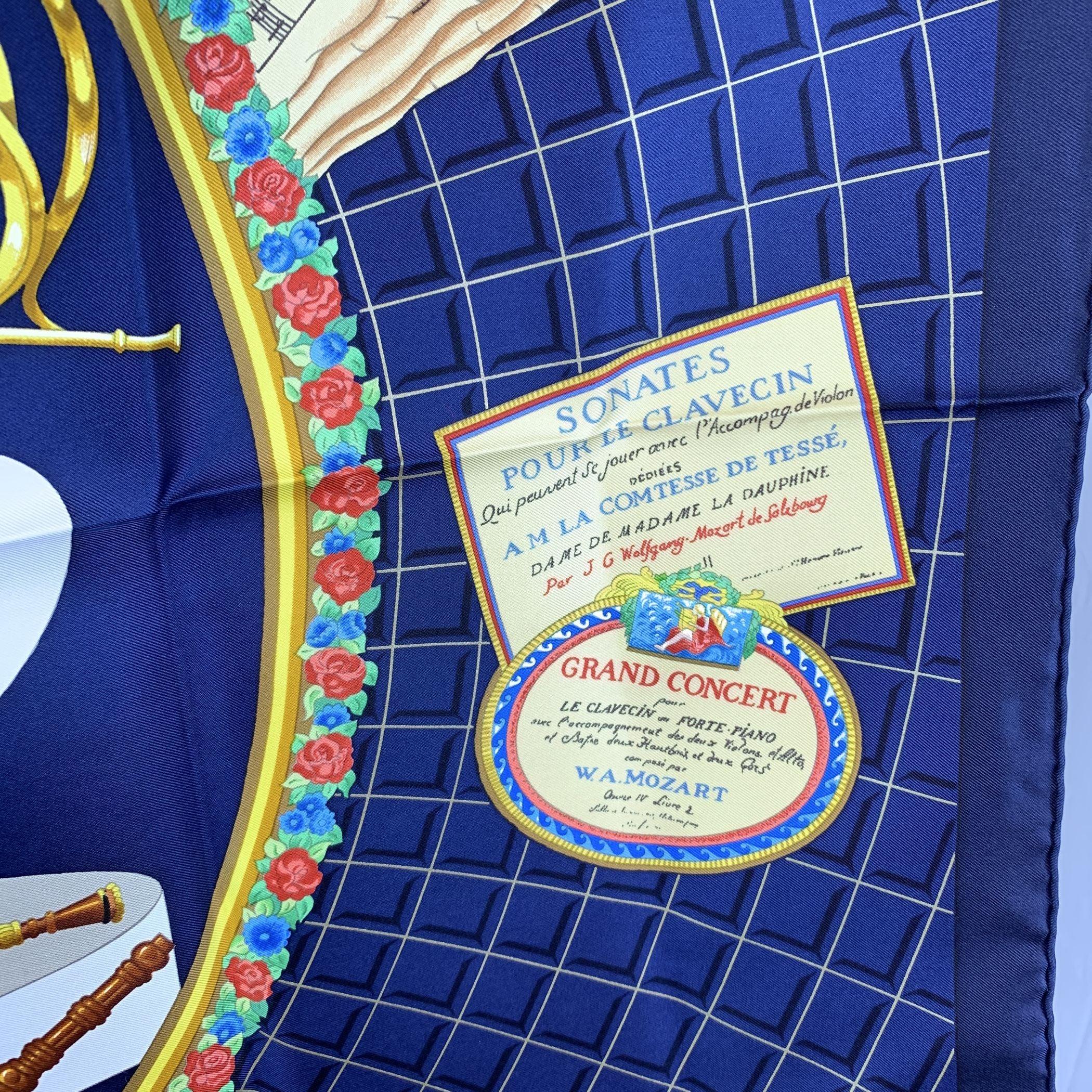 Hermes Vintage Blue Silk Scarf Hommage a Mozart 1991 Julie Abadie For Sale 2