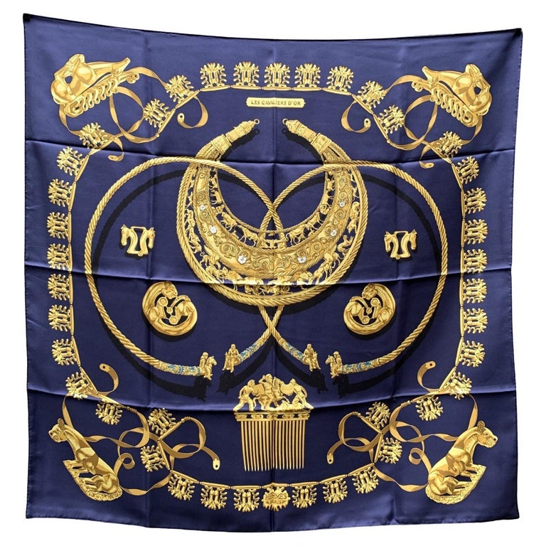 Hermes Vintage Blue Silk Scarf Les Cavaliers D'Or 1975 Rybaltchenko For ...