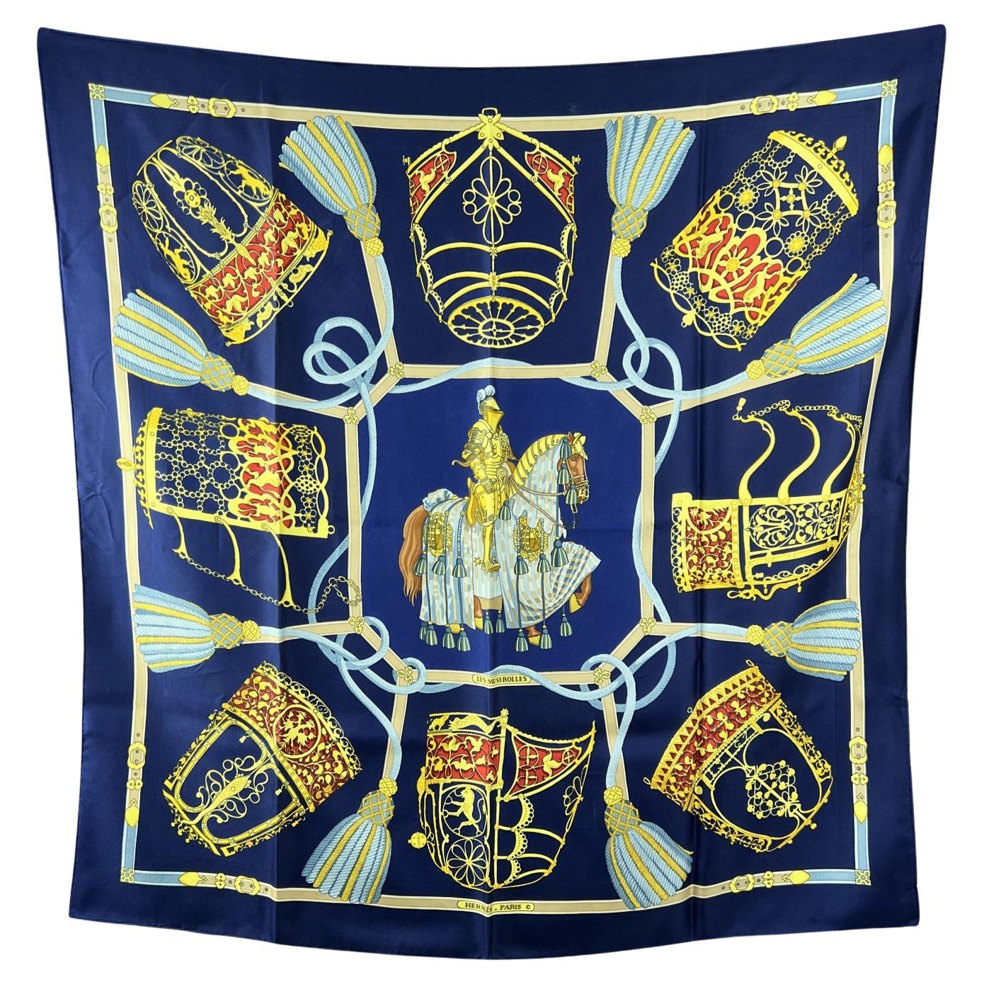 Hermes Vintage Blue Silk Scarf Les Muserolles 1986 Vauzelles in vendita
