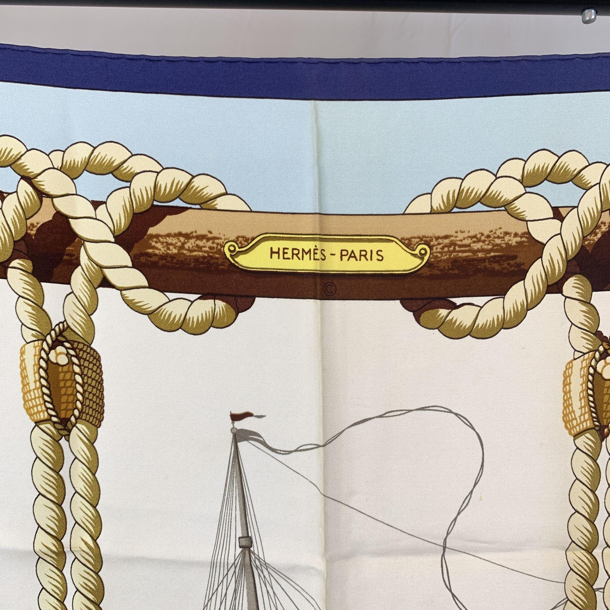 Foulard en soie bleue Hermes Vintage Nautical Tribord 1968 Julie Abadie Pour femmes en vente