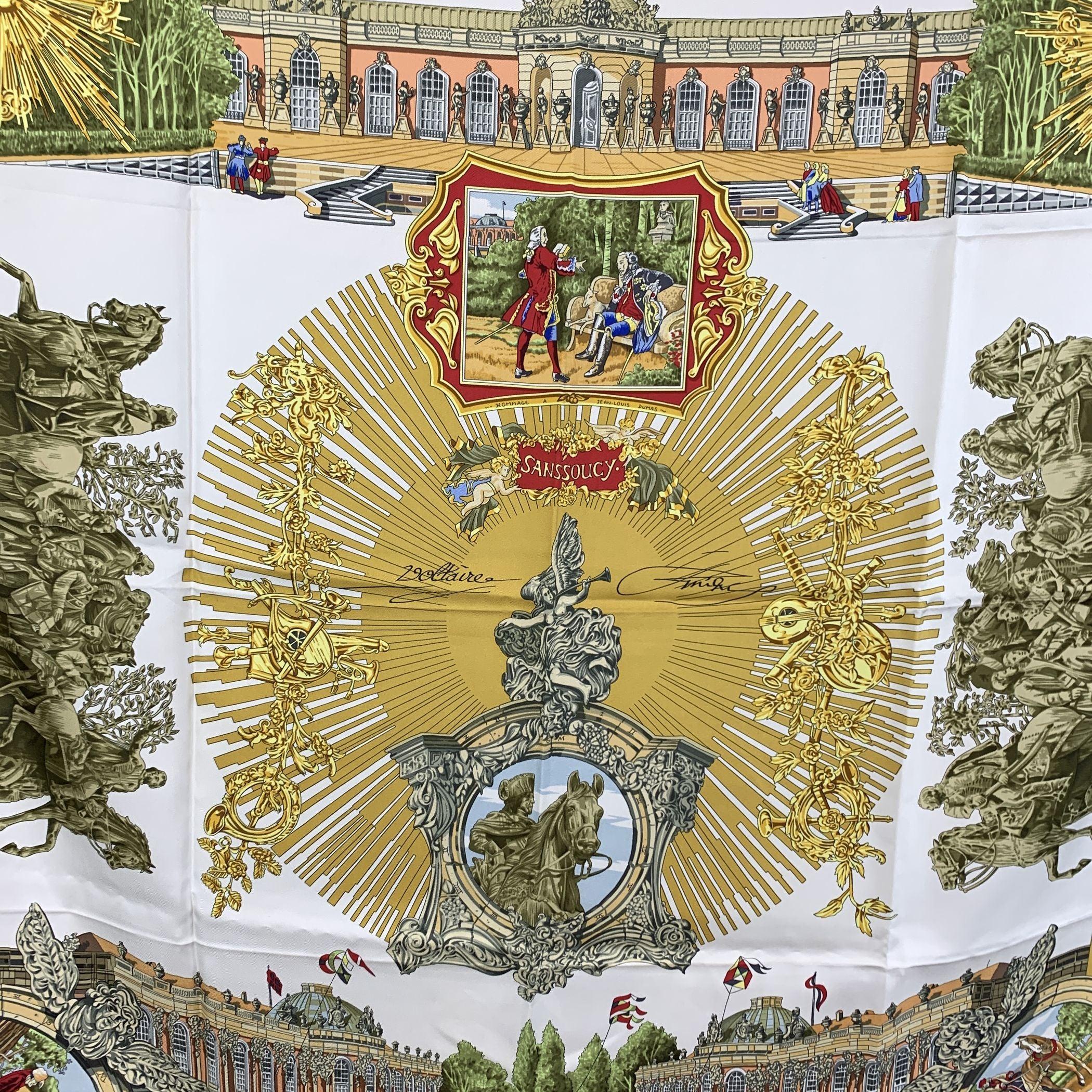 Beautiful silk scarf named 'Voltaire', but also known as Sanssoucy, designed by Loic Dubigeon, in collaboration with Jean Hubert Pinxit. It was first issued in 1994. It was a special hommage to Jean-Louis Dumas. It depicts an historic moment: