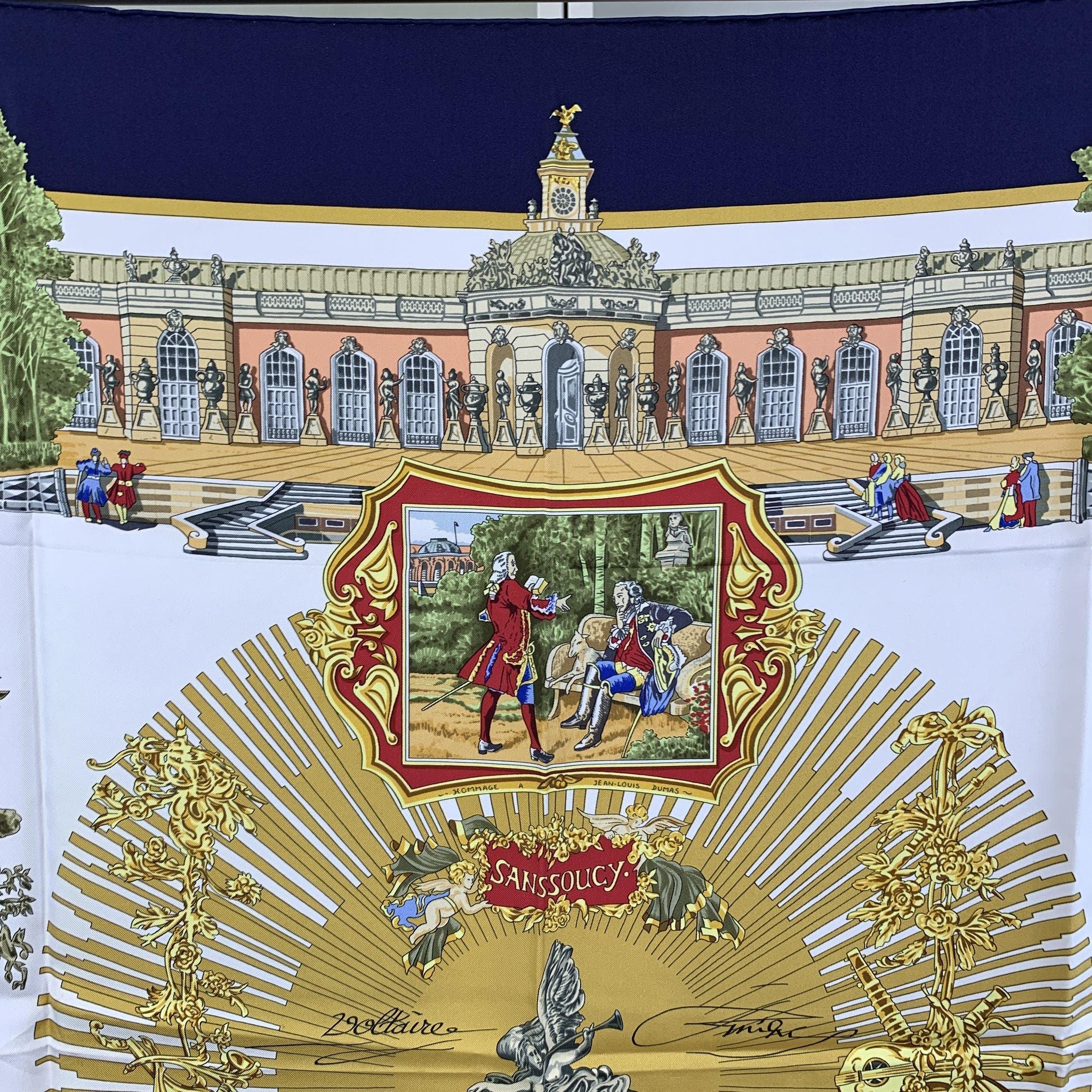 Brown Hermes Vintage Blue Silk Scarf Sanssoucy Voltaire 1994 Loic Dubigeon