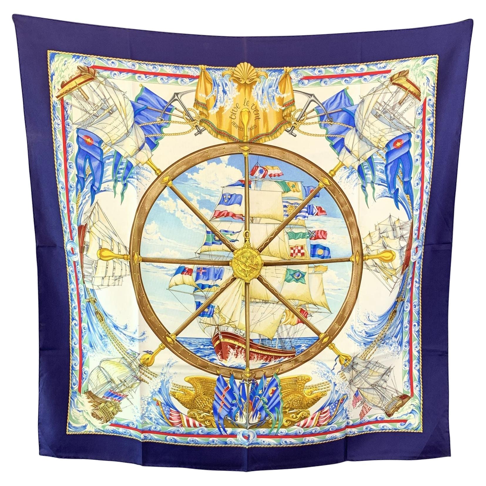 Hermes Vintage Sciarpa di seta blu Vives le Vent 1992 Toutsy Bourthoumieux