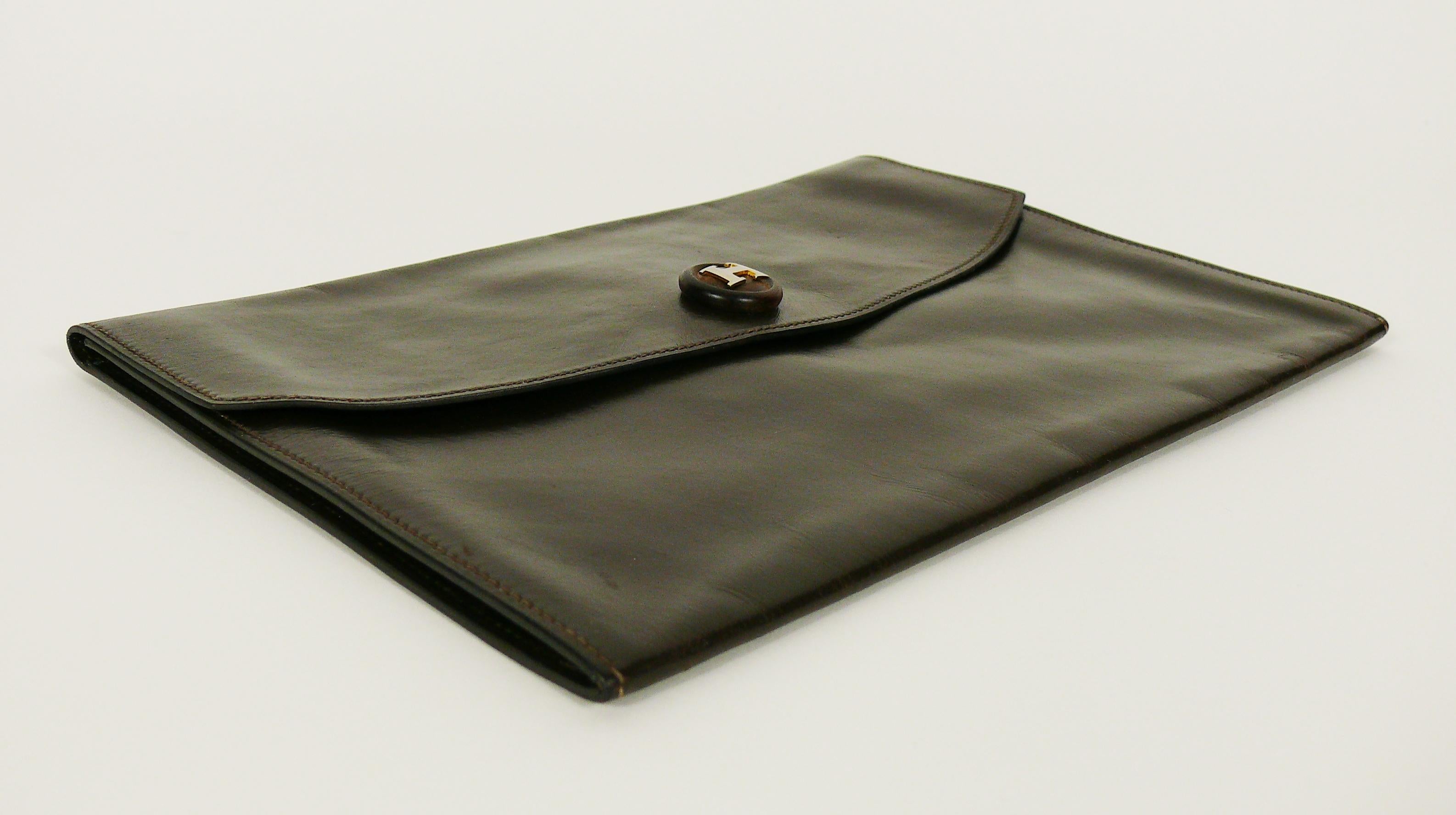 Black Hermes Vintage Brown Leather H Clasp Rio Clutch Bag