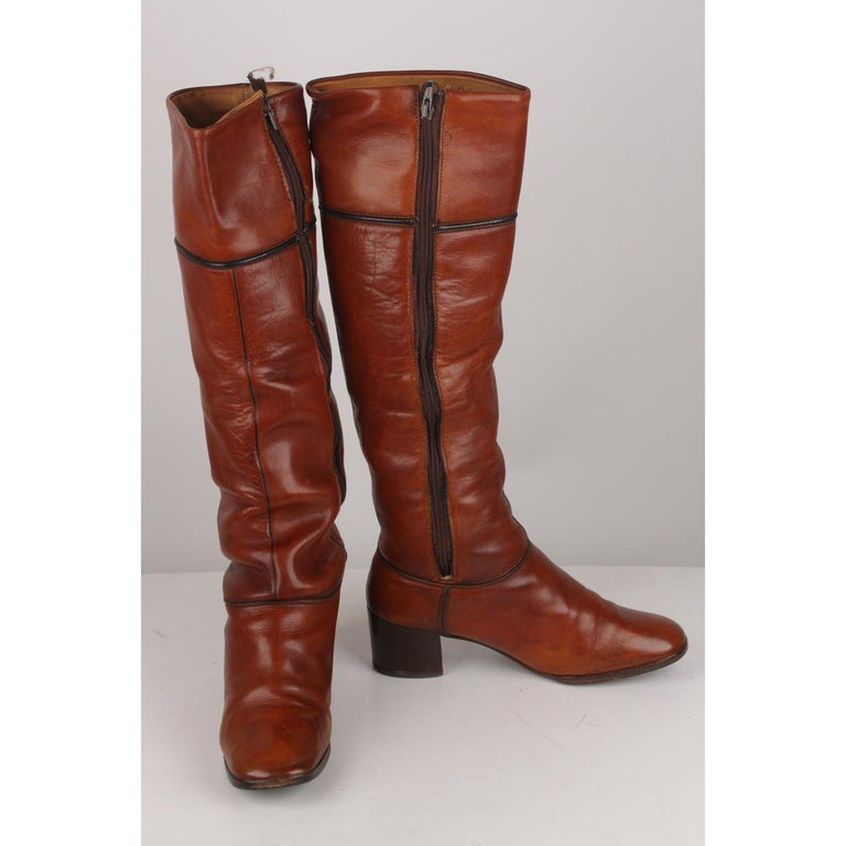 Hermes Vintage Brown Leather Heeled Boots Shoes For Sale at 1stDibs