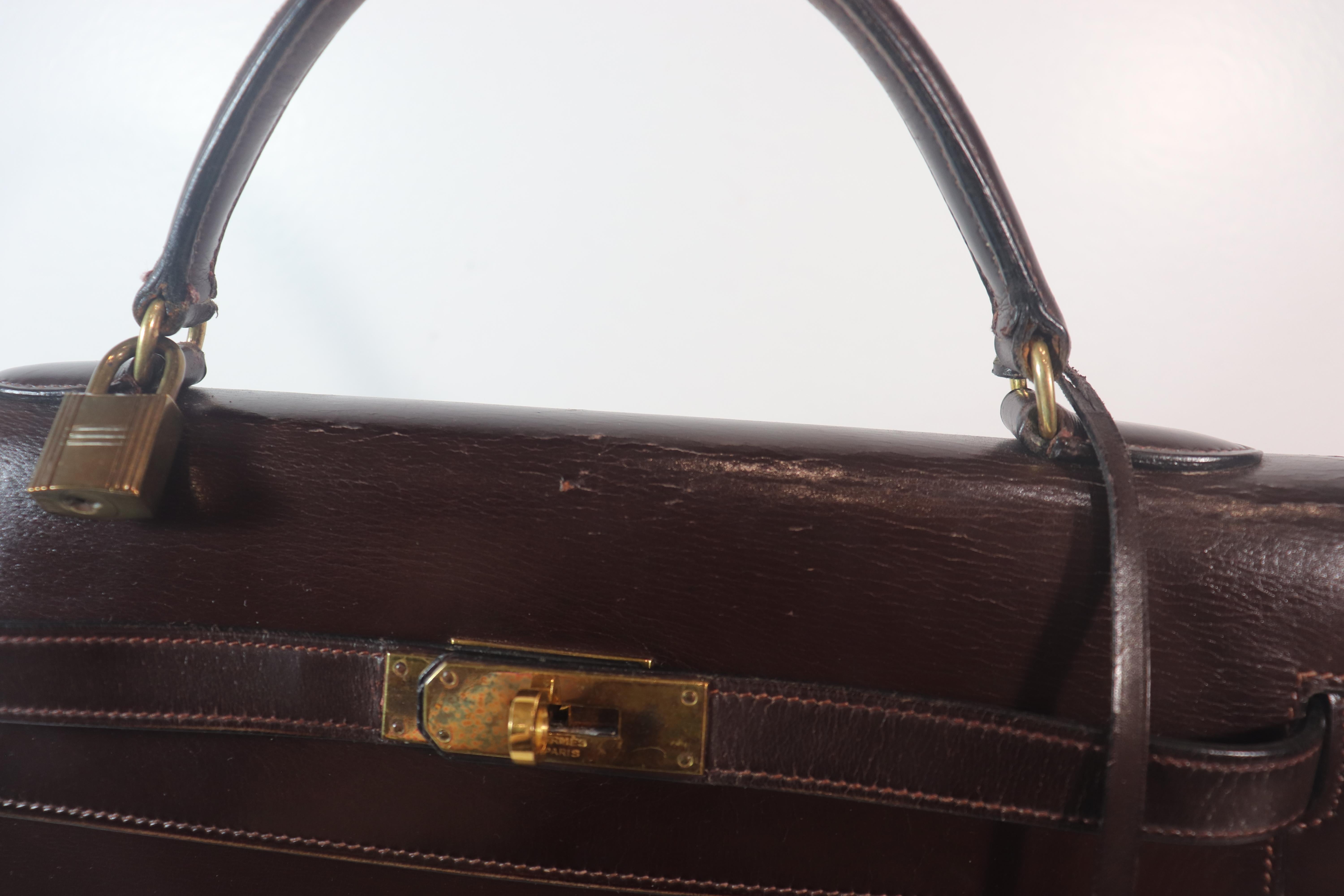 Noir HERMÈS Vintage Brown Box Cuir Kelly 28 Handbag Circa Vintage 1964
