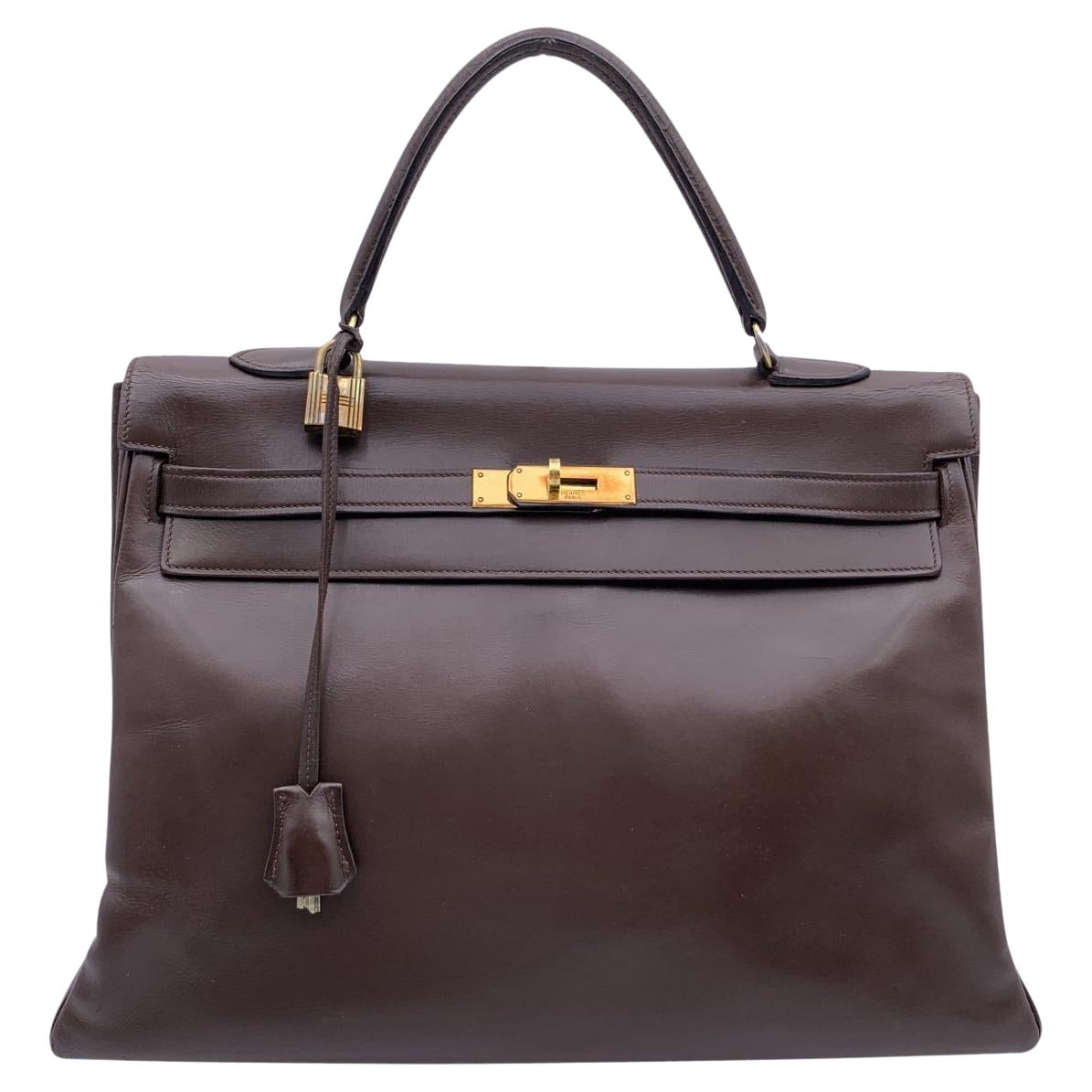 Hermes Vintage Brown Leather Kelly 35 Retourne Handbag Bag For Sale