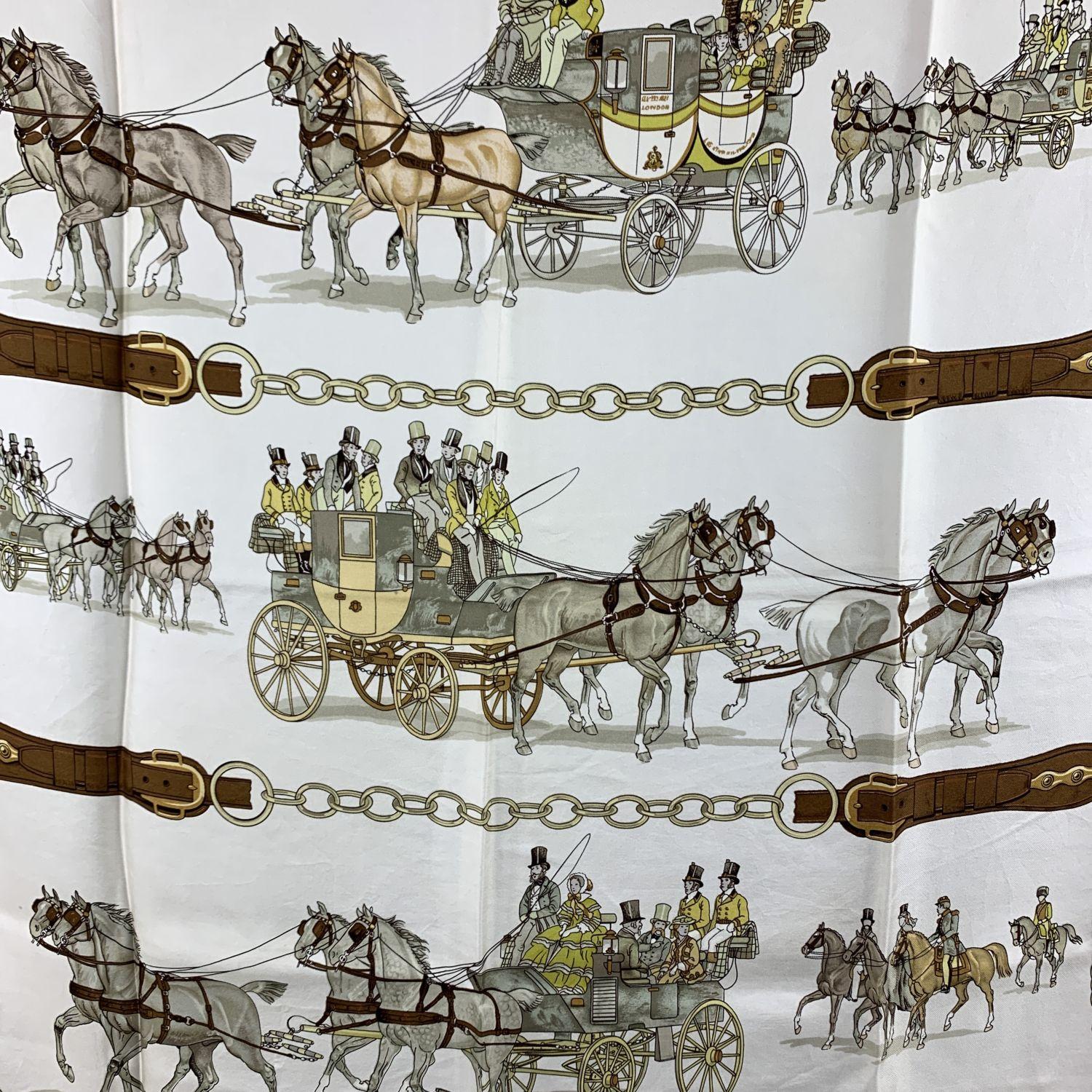 HERMES Silk scarf named 'Attelages a Quatre (1820-1860)/ Four in Hand', created by artist Philip Ledoux, and first issued in 1970. Brown borders. 100% Silk. Hand rolled edges. Approx measurements: 35 x 35 inches - 88,8 x 88,8 cm


Details

MATERIAL: