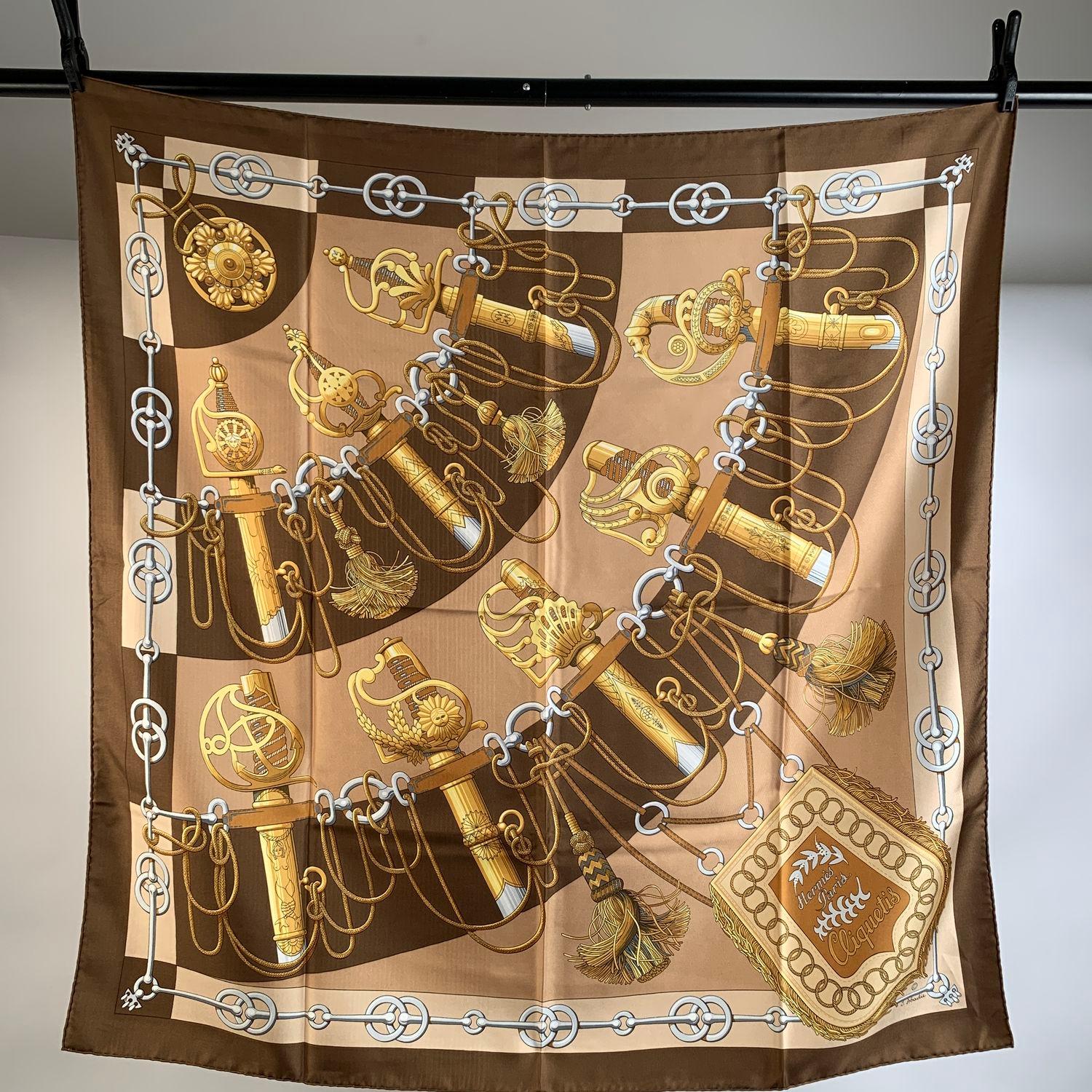 Hermes Vintage Brown Silk Scarf Cliquetis 1972 Juliae Abadie In Excellent Condition In Rome, Rome