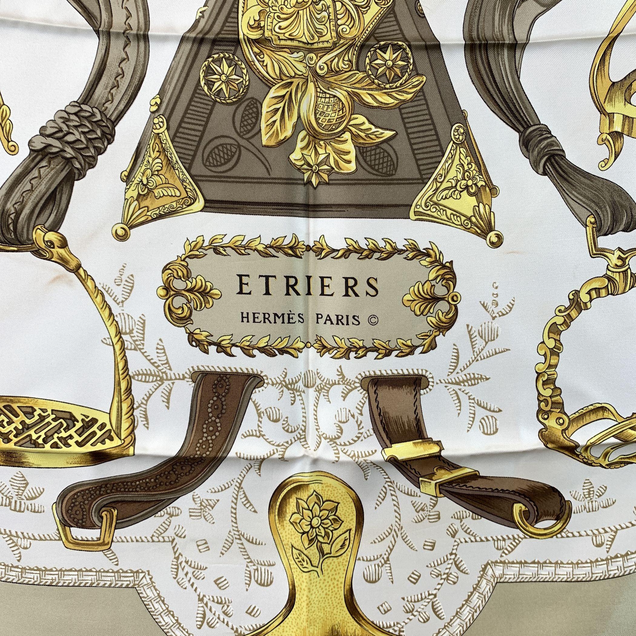 Beige Hermes Vintage Brown Silk Scarf Etriers 1964 Francoise de la Perriere For Sale