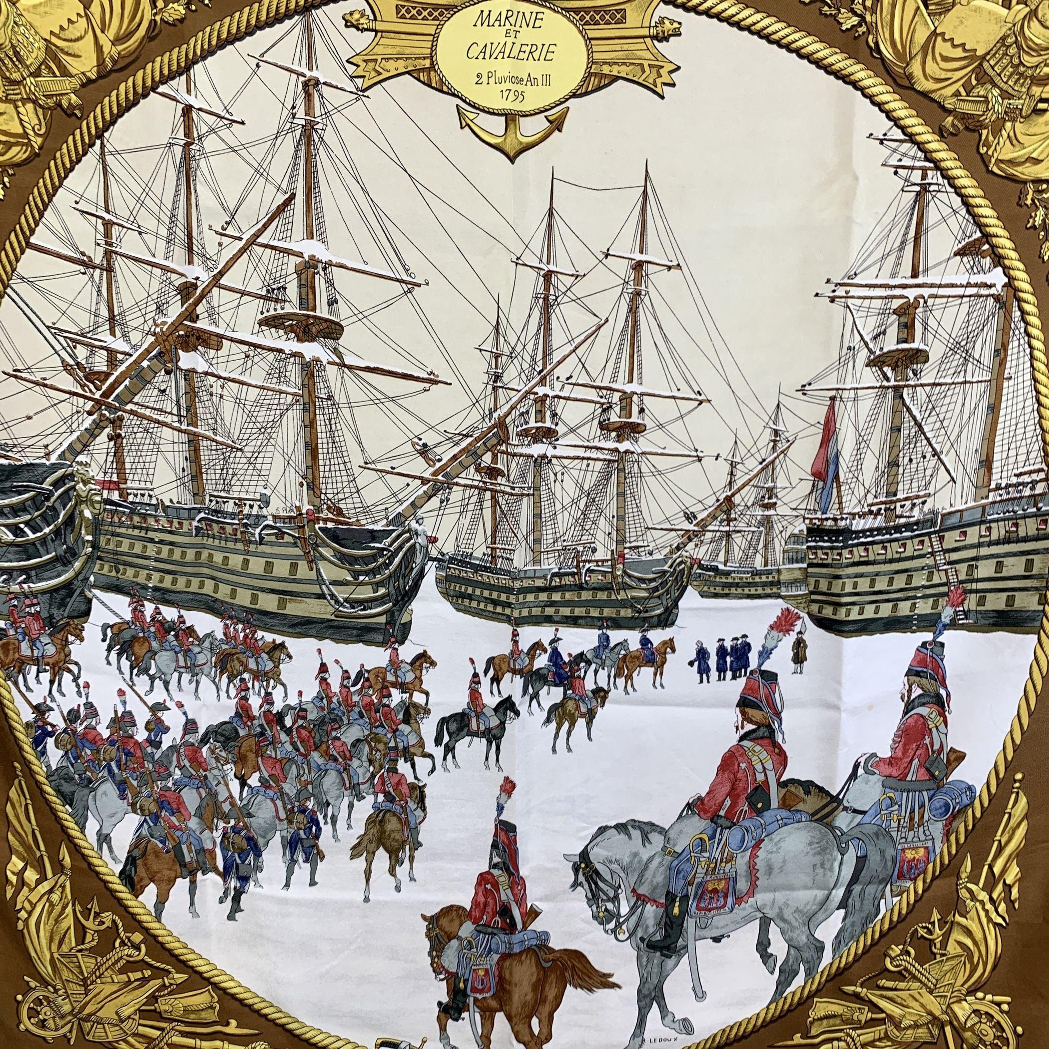 Vintage HERMES Silk scarf named 'Marine et Cavalerie' by Philippe Ledoux. First issued in 1967 and reissued il 1984, 1990 an 1997. The drawing is taken from a painting by Louis Monzin, representing the Battle of Texel from 1795, in which the capture