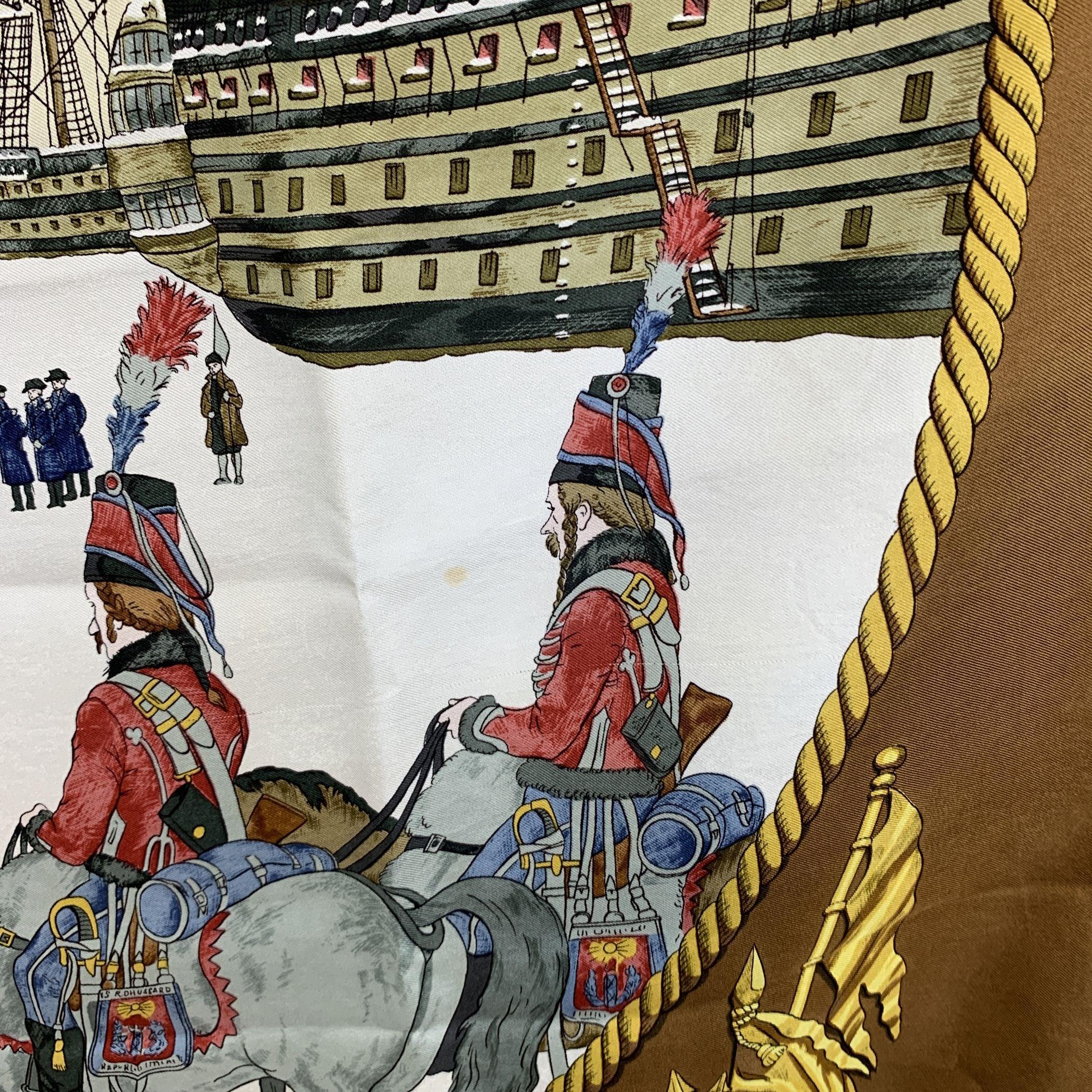 Hermes Vintage Brown Silk Scarf Marine et Cavalerie 1967 Ledoux In Good Condition For Sale In Rome, Rome