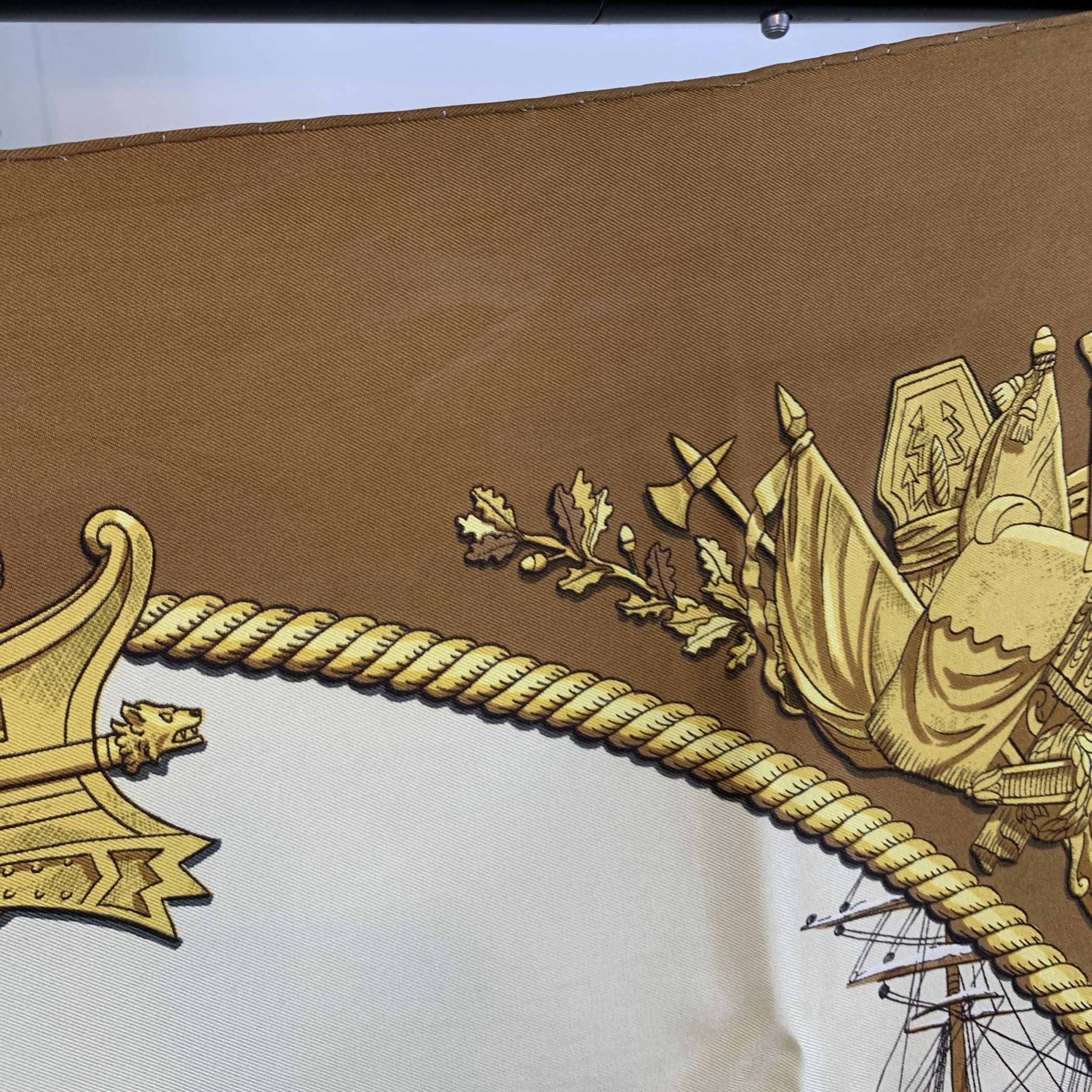 Women's or Men's Hermes Vintage Brown Silk Scarf Marine et Cavalerie 1967 Ledoux For Sale