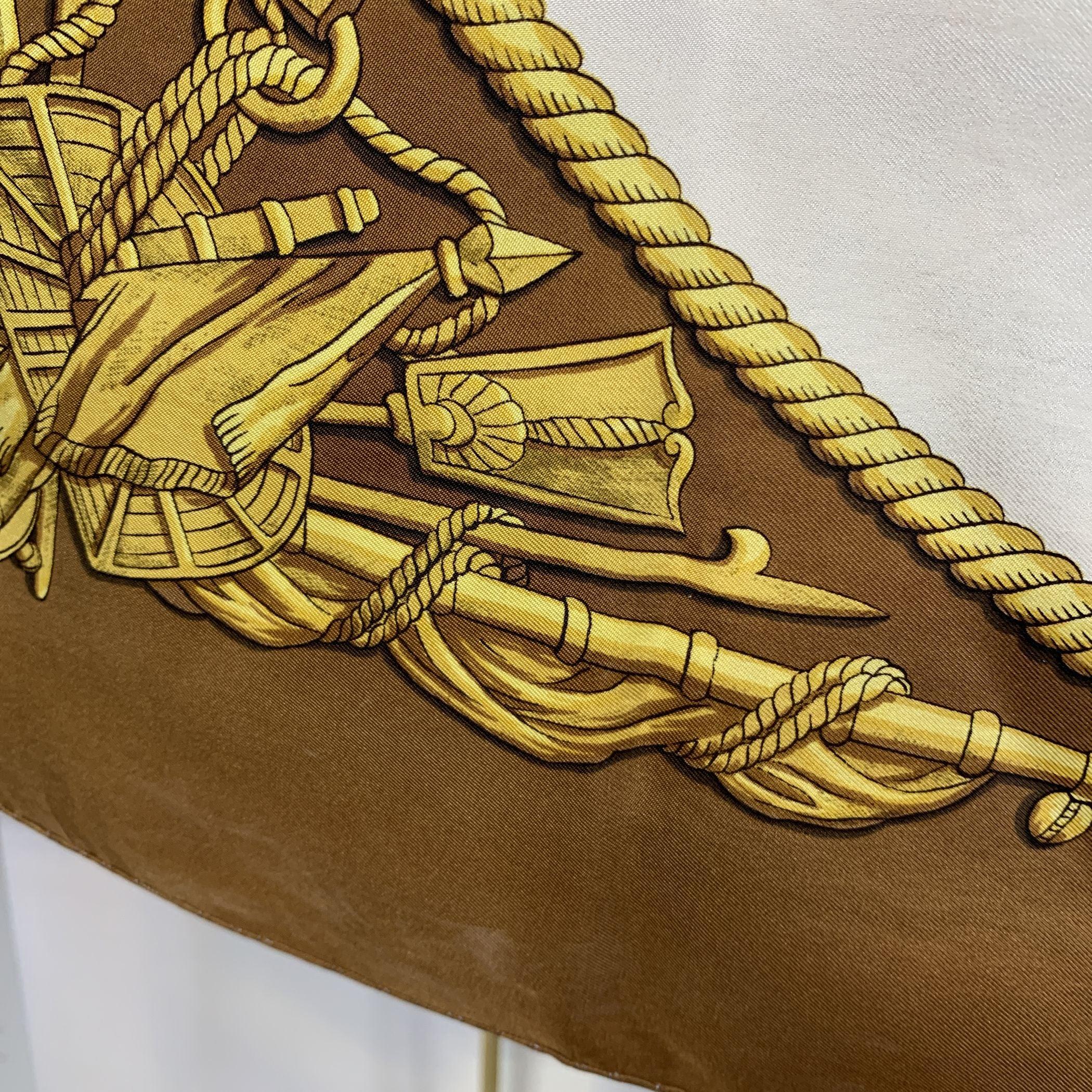 Hermes Vintage Brown Silk Scarf Marine et Cavalerie 1967 Ledoux For Sale 3