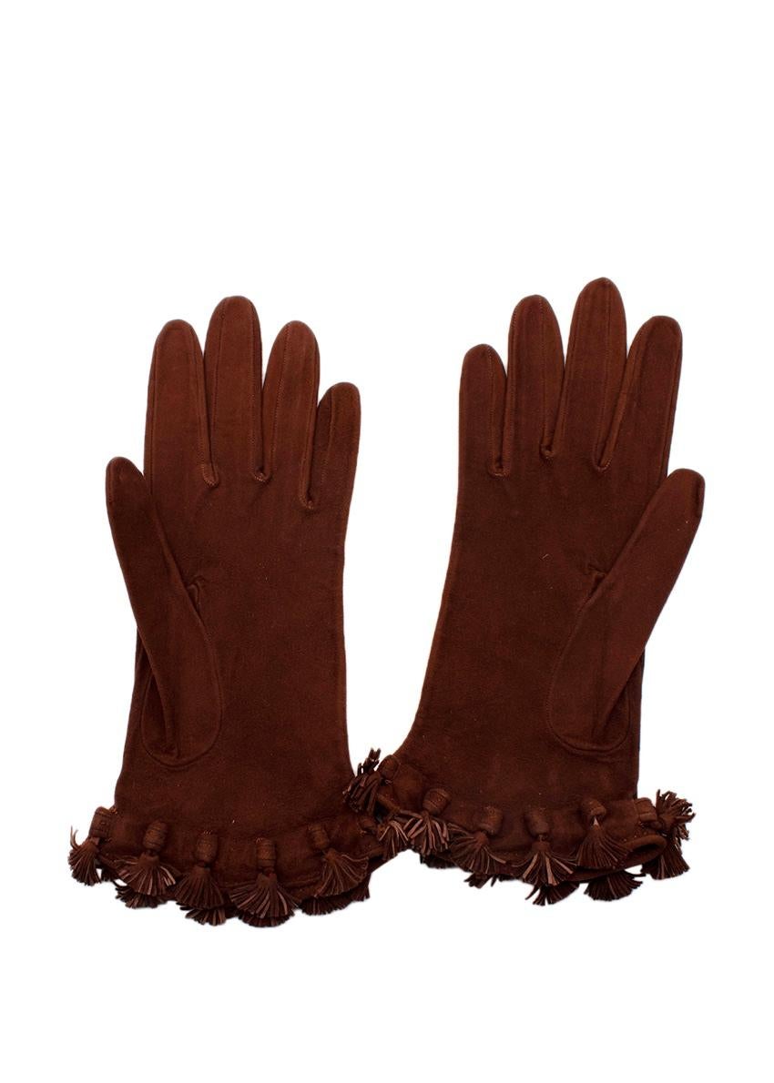 Women's Hermes Vintage Brown Suede Tassel Gloves