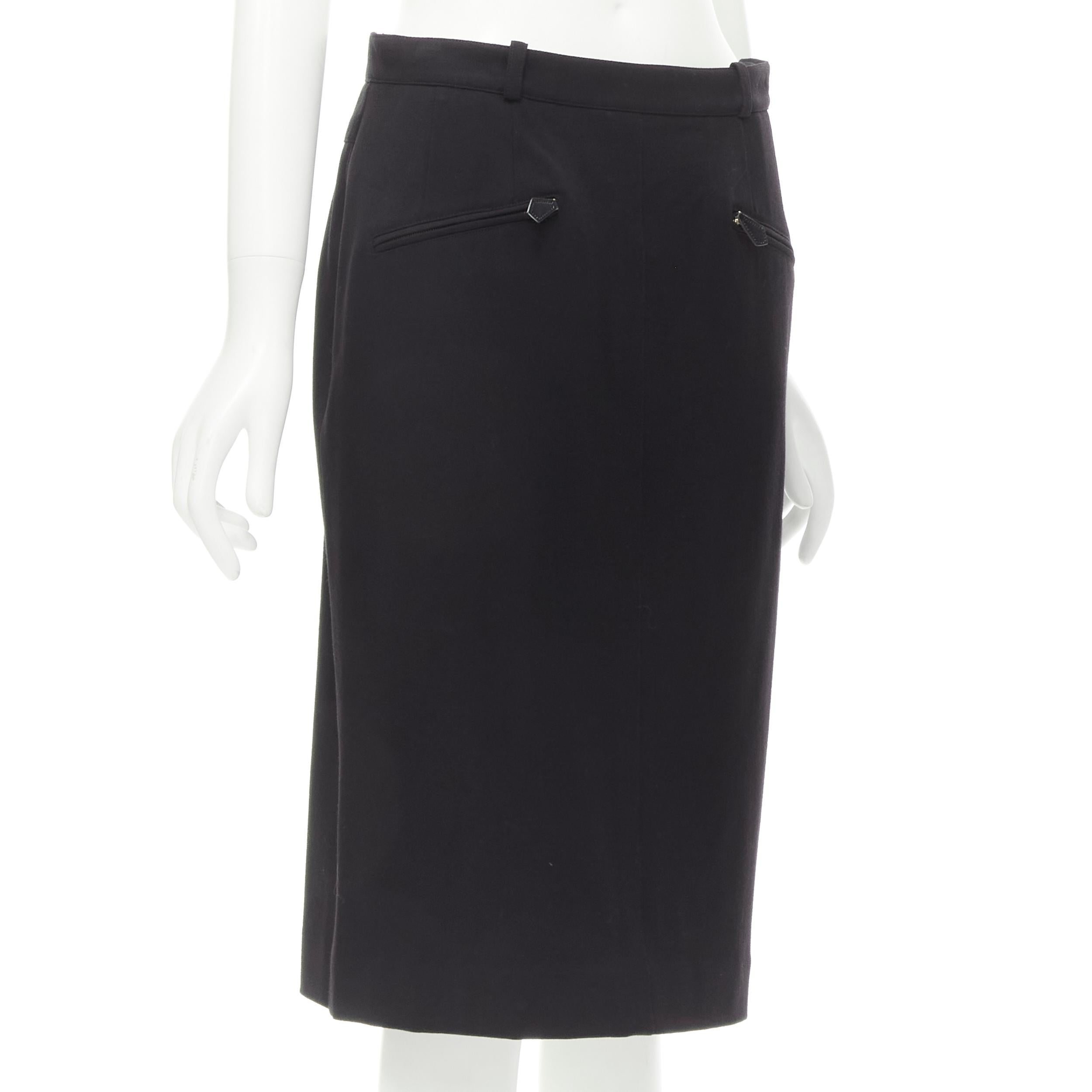 HERMES Vintage brown wool blend leather Sellier zipper pencil skirt FR42 L 
Reference: JYLM/A00024 
Brand: Hermes 
Material: Wool 
Color: Black 
Pattern: Solid 
Closure: Zip 
Extra Detail: Leather zipper pull. 
Made in: France 

CONDITION: