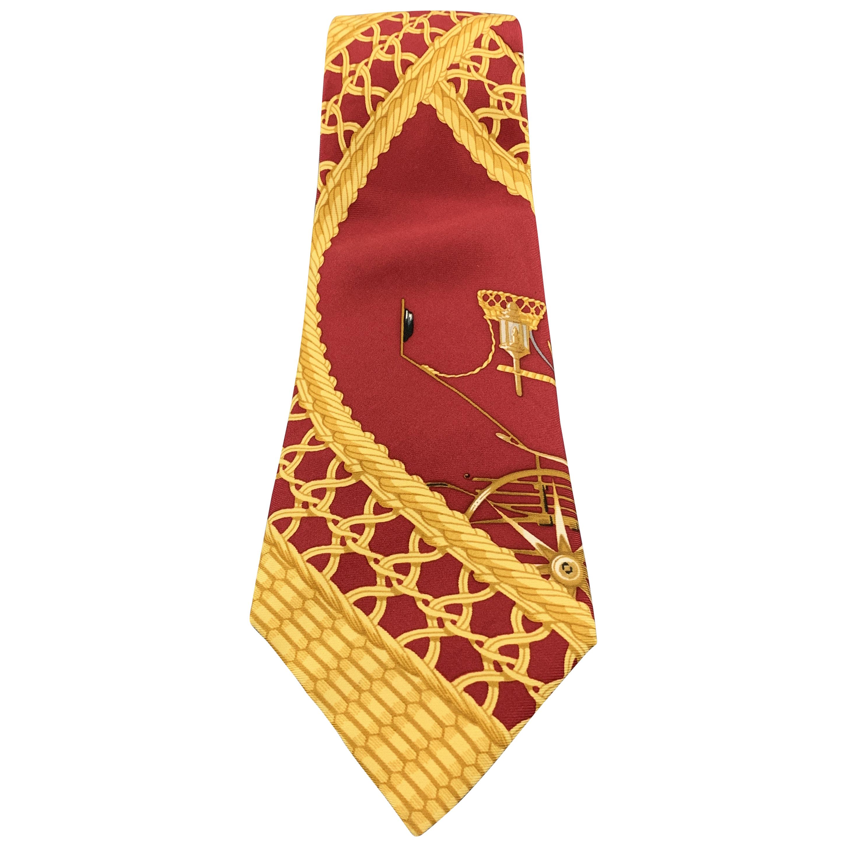 HERMES Vintage Burgundy & Gold Large Scale Ornate Print Silk Tie