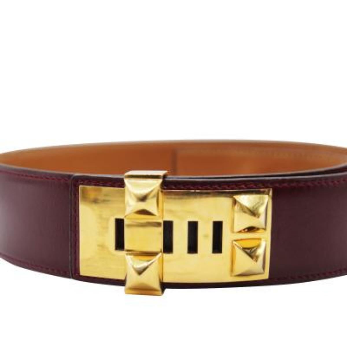 Brown Hermes Vintage Burgundy Leather Medor Belt with Gold Hardware 