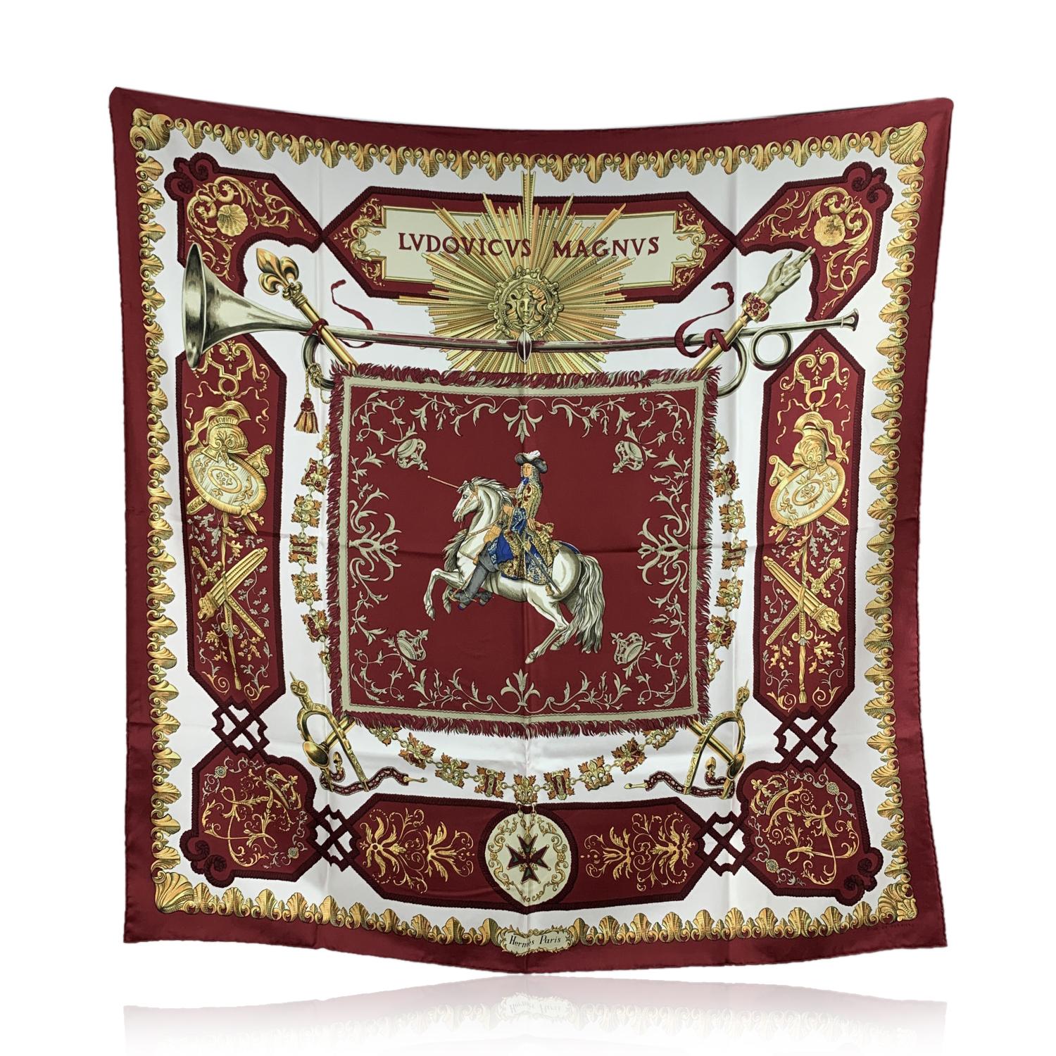 Hermes Vintage Burgundy Silk Scarf Ludovicus Magnus de la Perriere In Good Condition For Sale In Rome, Rome