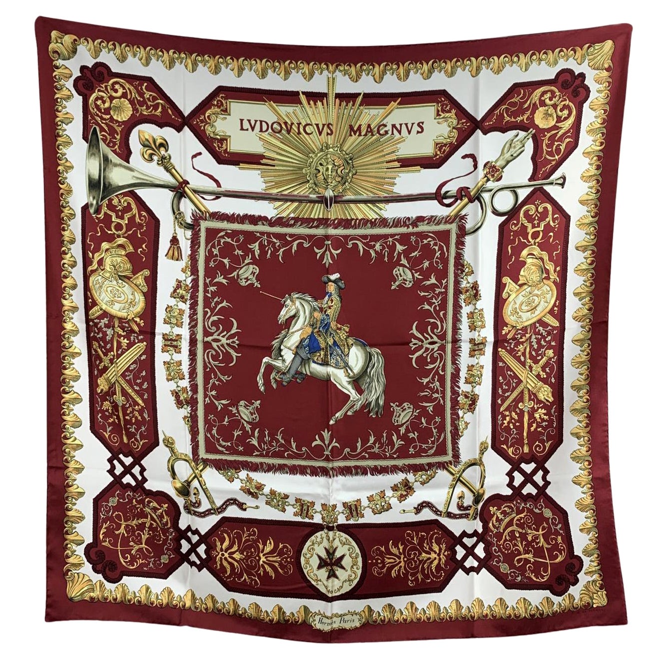 Hermes Vintage Burgundy Silk Scarf Ludovicus Magnus de la Perriere