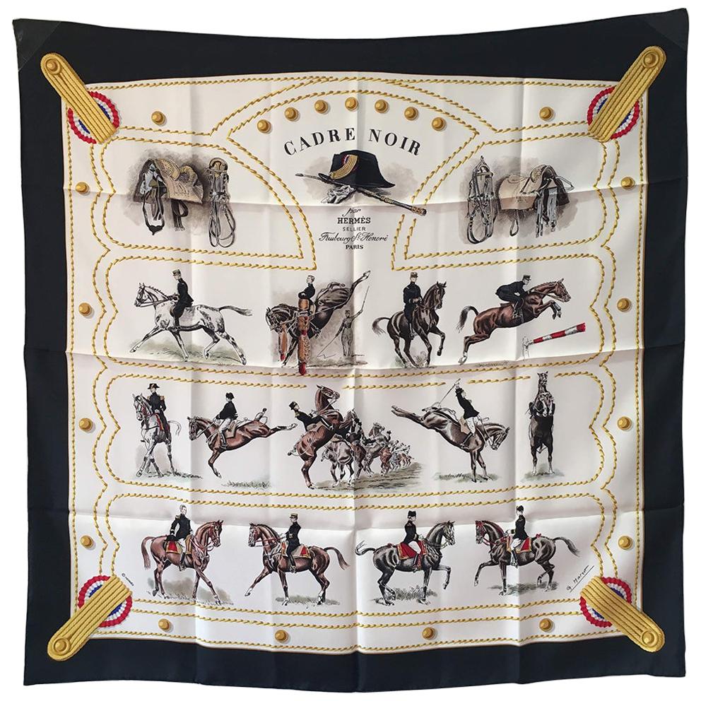 Hermès Cadre Noir Brown Cream Silk Scarf main image 0