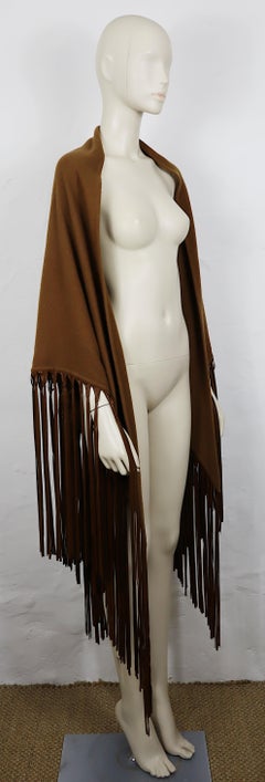 HERMES Vintage Camel Triangle Cashmere‑and‑Wool Shawl with Leather Fringes