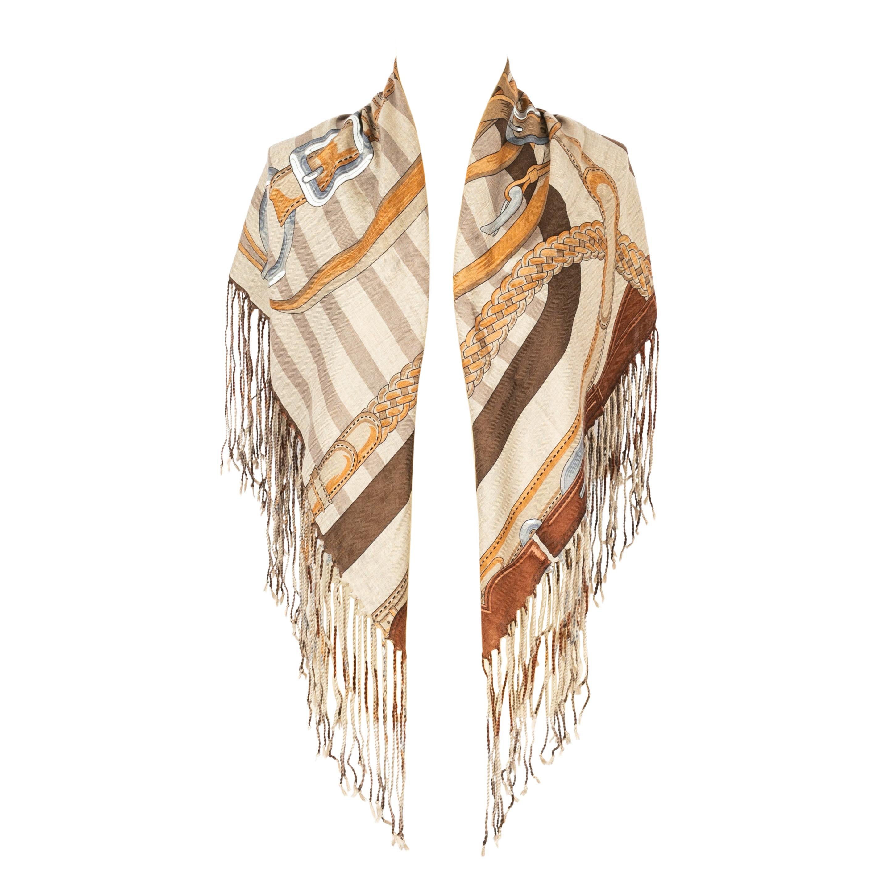 Foulard Vintage Hermès de Cachemira "Coaching" Bufanda cuadrada con flecos