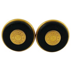 Hermes Vintage Clou de Selle Black Leather Clip-On Earrings